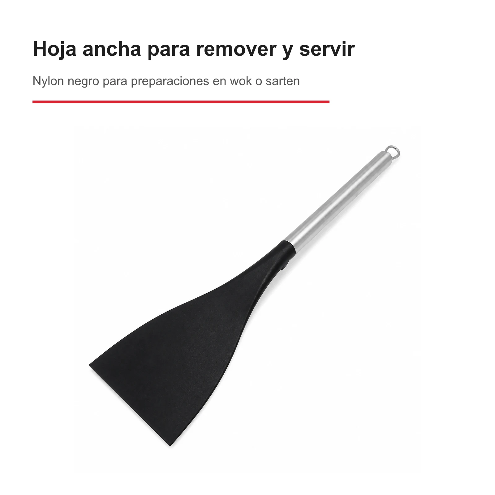 Detalle de hoja ancha de nylon para remover alimentos en wok