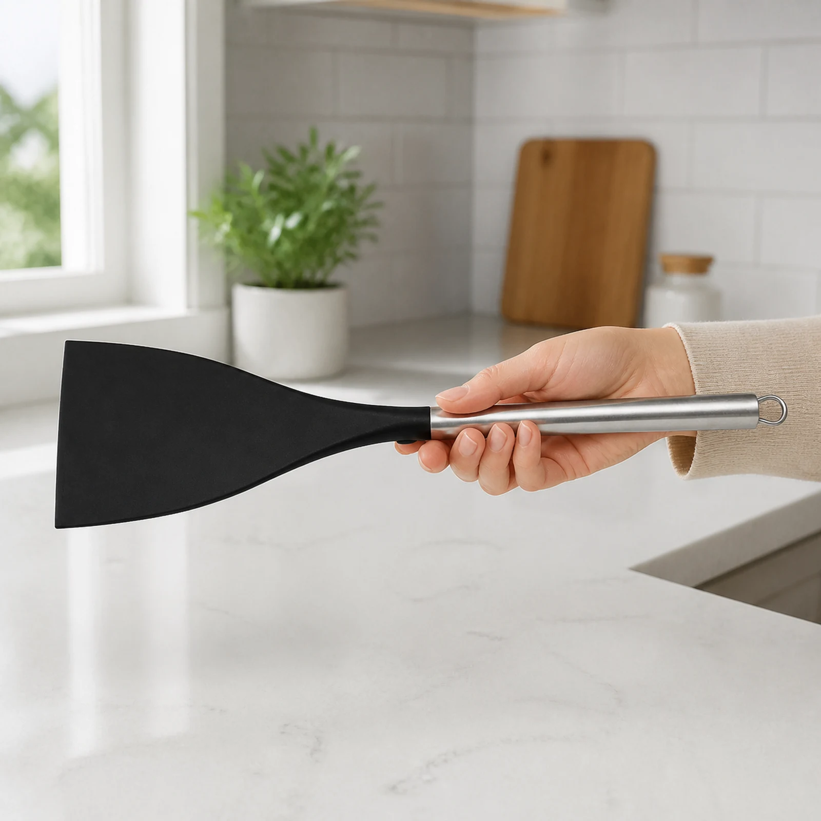Pala wok de 36.5 cm sostenida en mano a escala real
