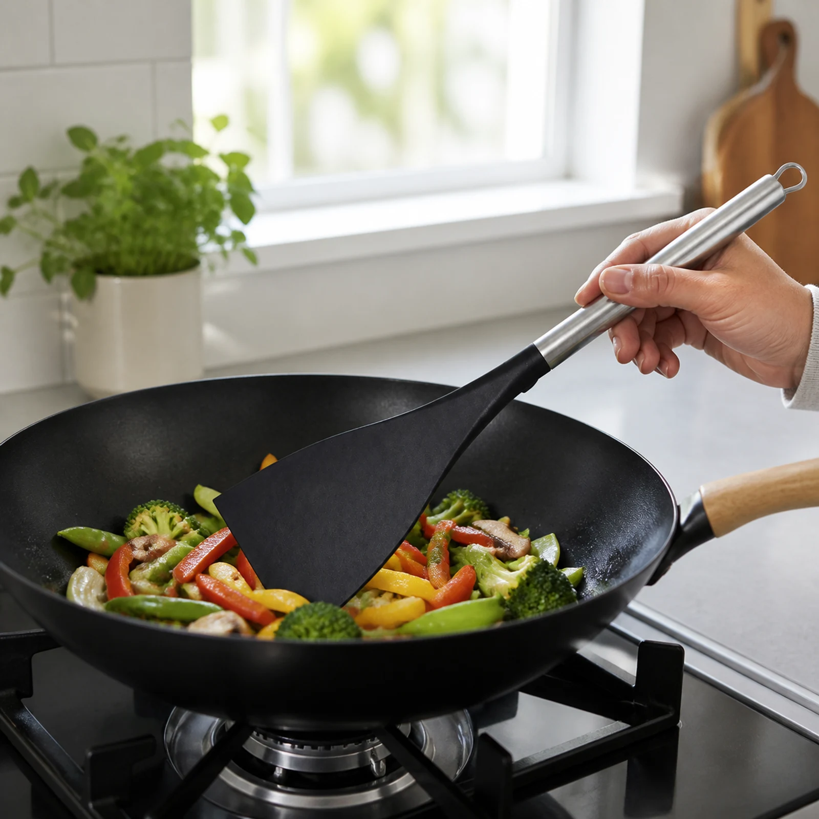 Pala wok de nylon removiendo verduras salteadas en un wok