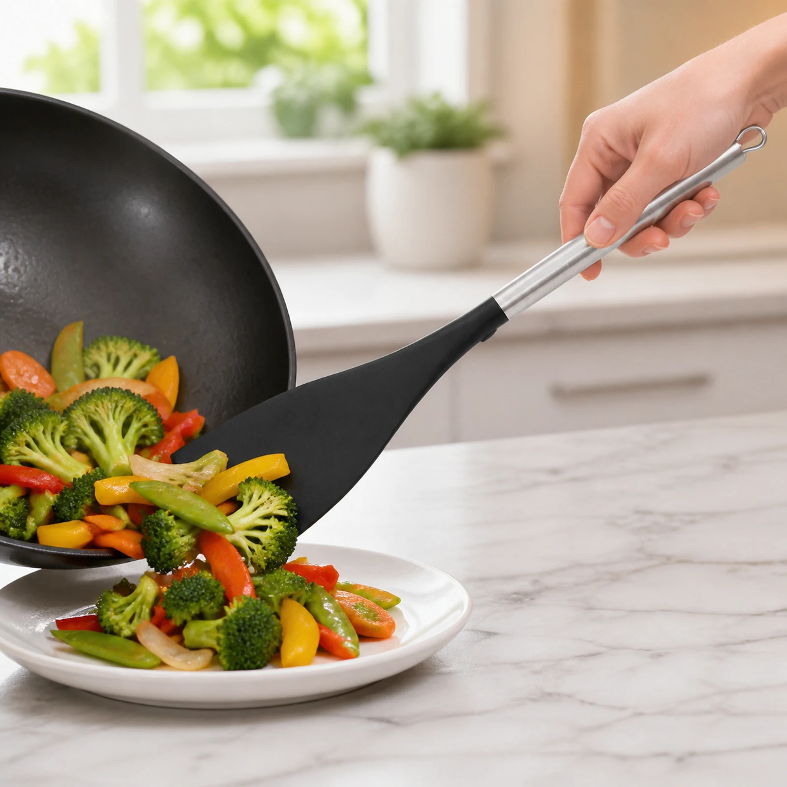 Pala wok de nylon sirviendo verduras salteadas en un plato