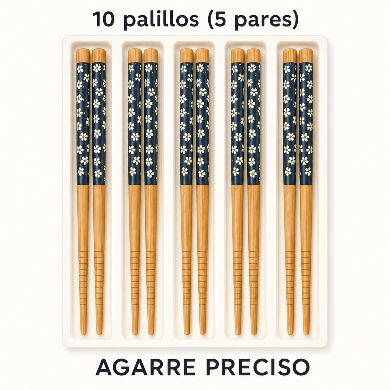 Contenido de 10 palillos, 5 pares, con punta ranurada para agarre preciso