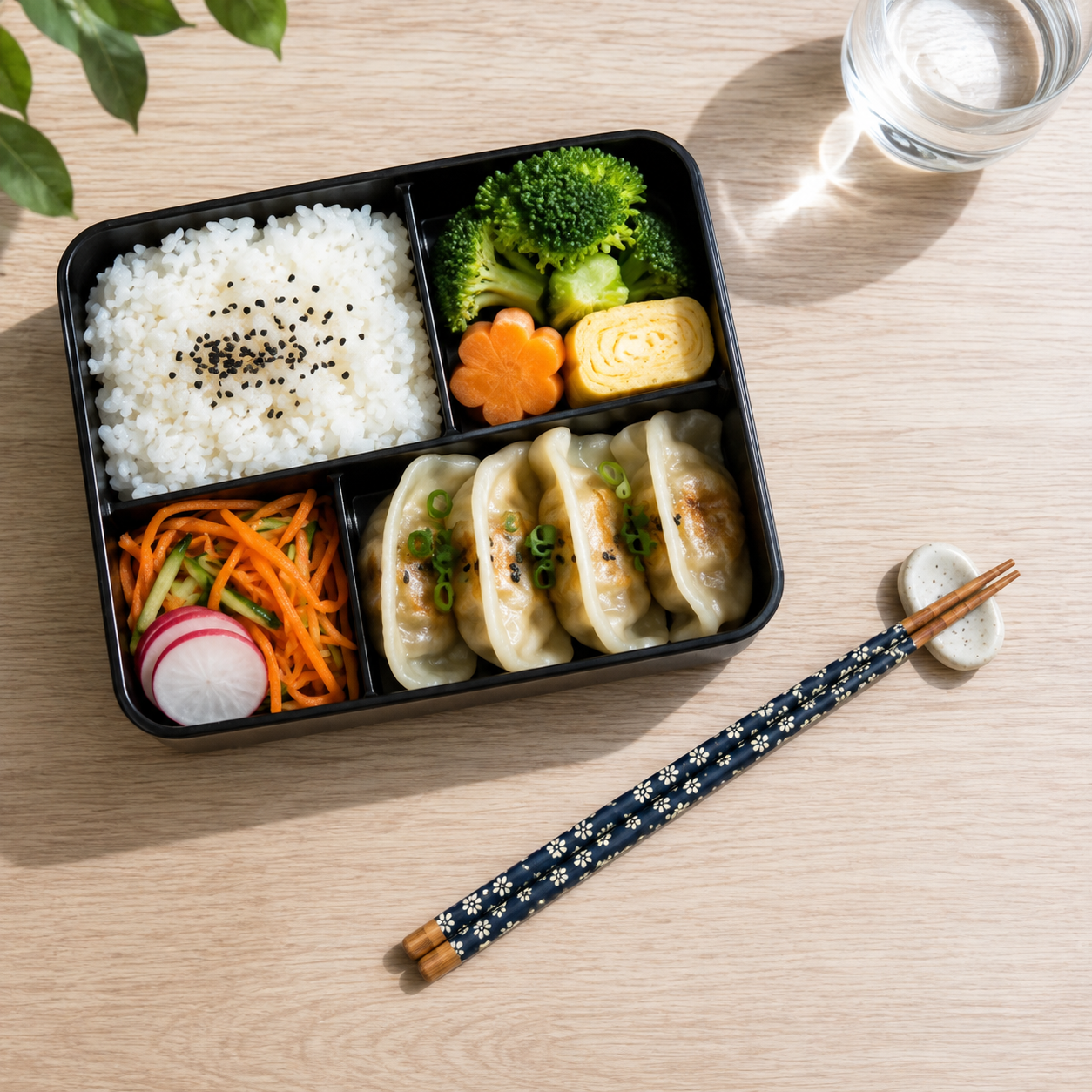 Palillos florales azul marino junto a una caja bento