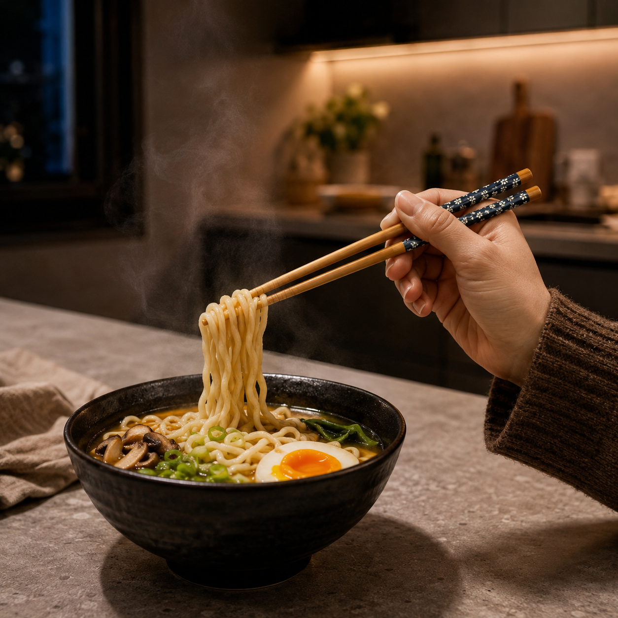 Palillos de bambú azul marino usados con noodles
