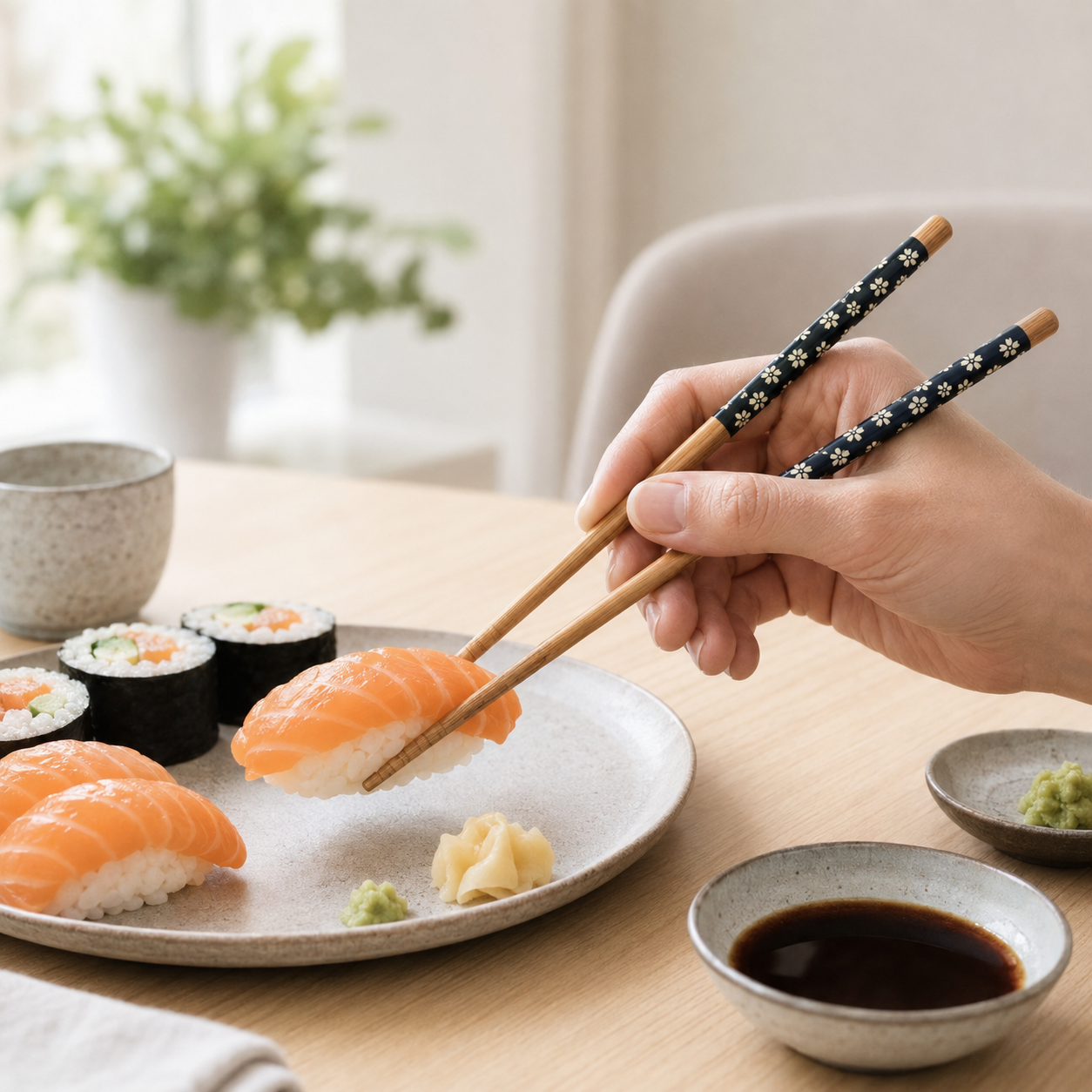 Palillos florales azul marino usados para comer sushi