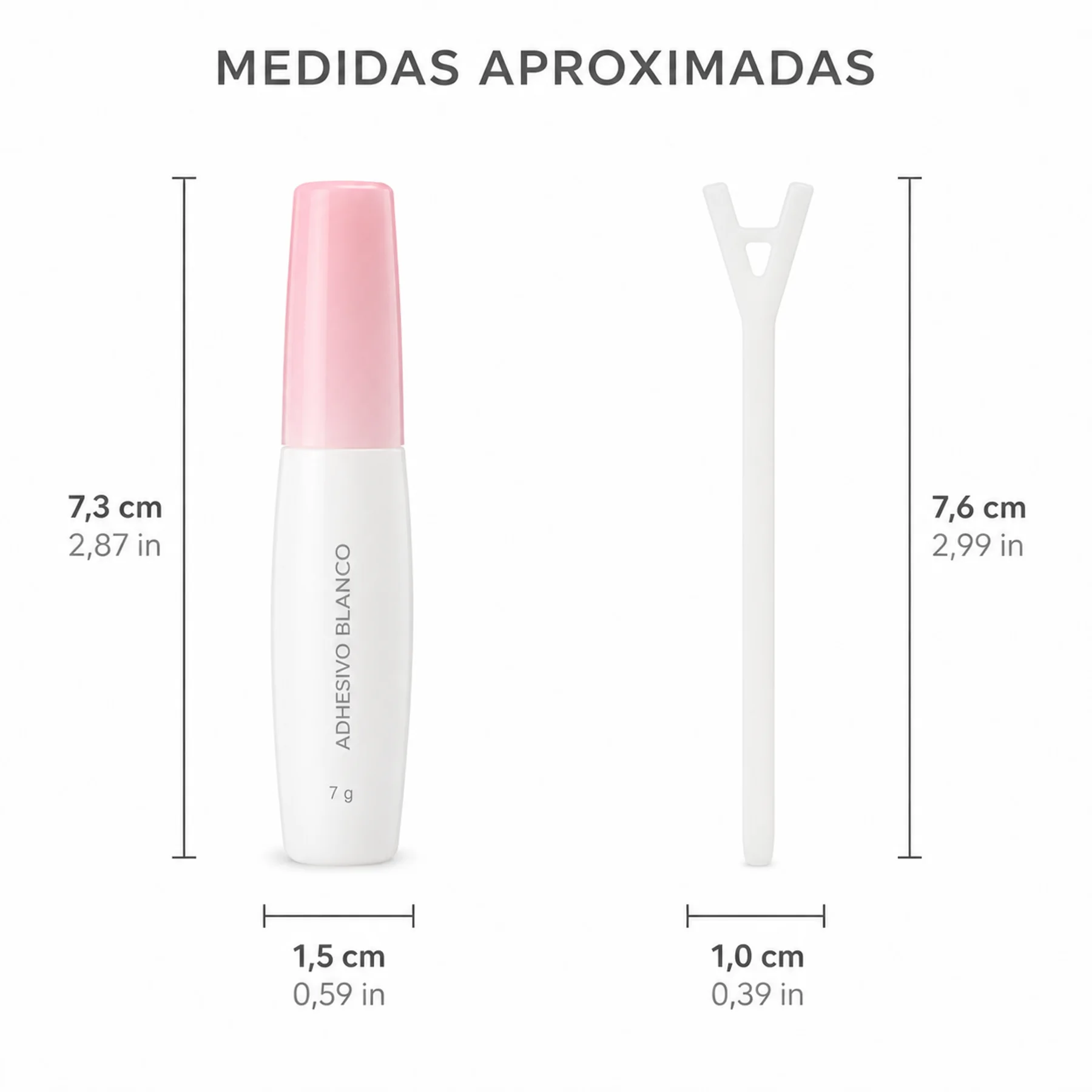 Medidas del pegamento blanco de 7 g y del aplicador en centímetros y pulgadas