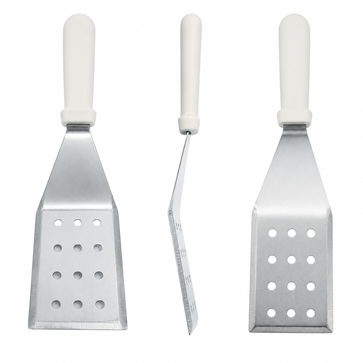 Espátula ancha perforada para cocina, hoja metálica y mango blanco, 30 cm - Imagen 2