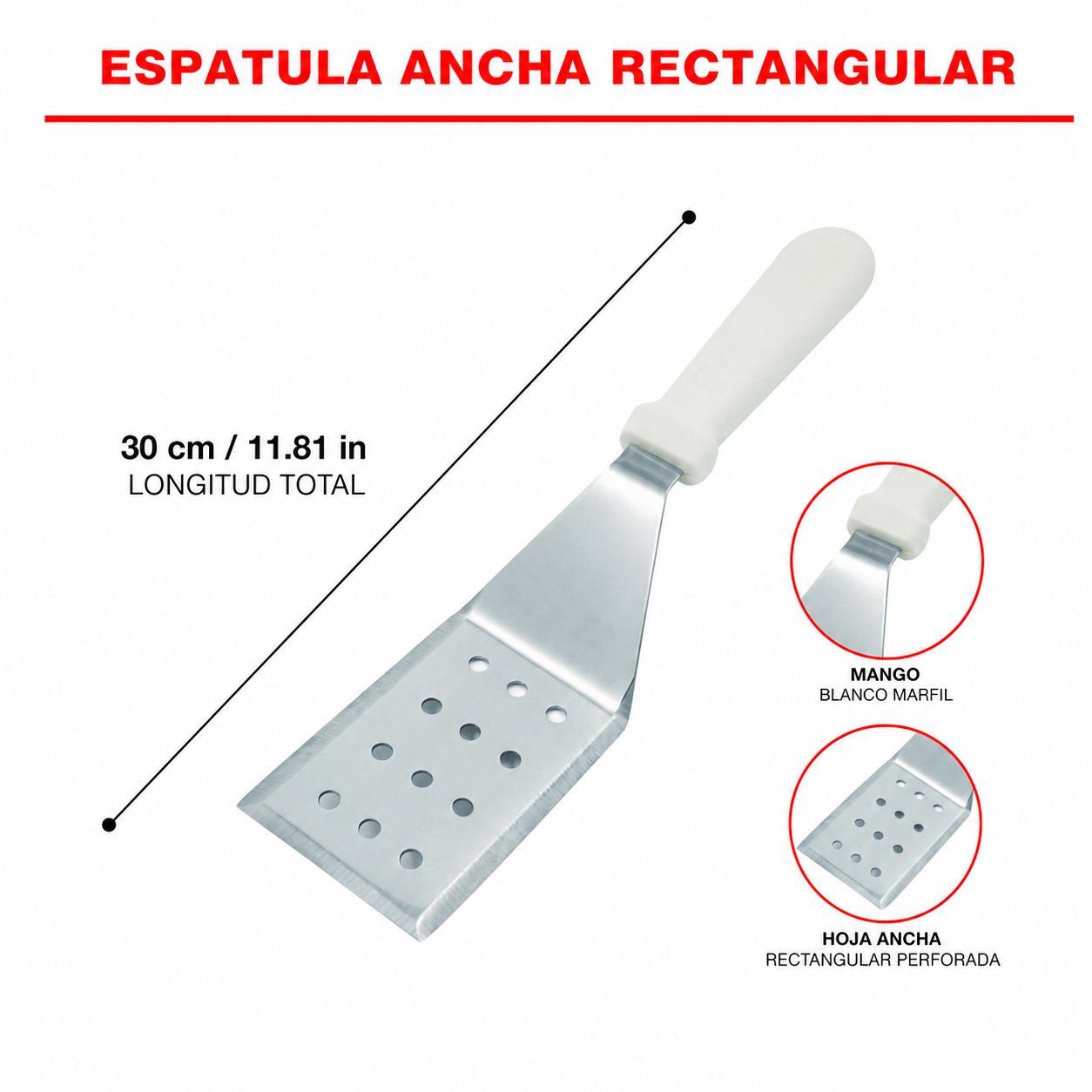Espátula ancha perforada para cocina, hoja metálica y mango blanco, 30 cm - Imagen 4