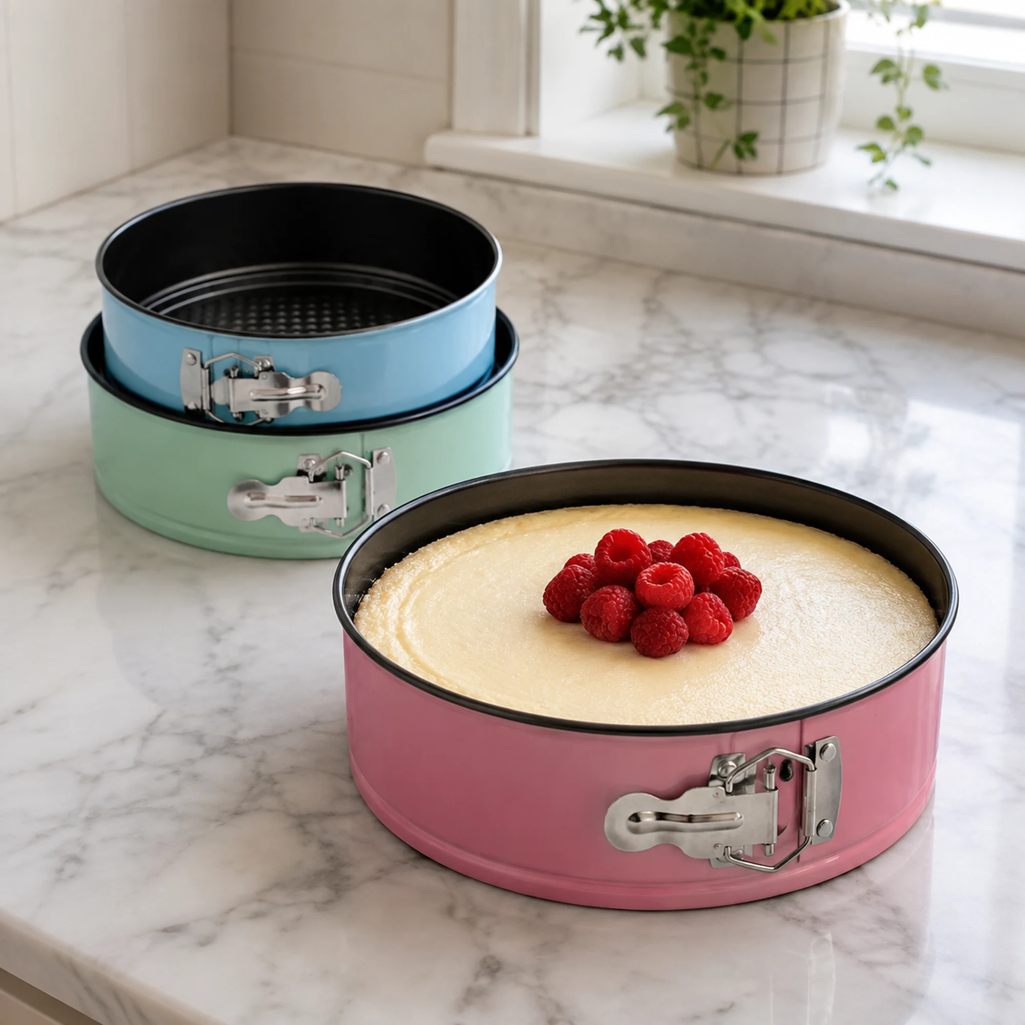 Molde rosado desmontable con cheesecake en cocina