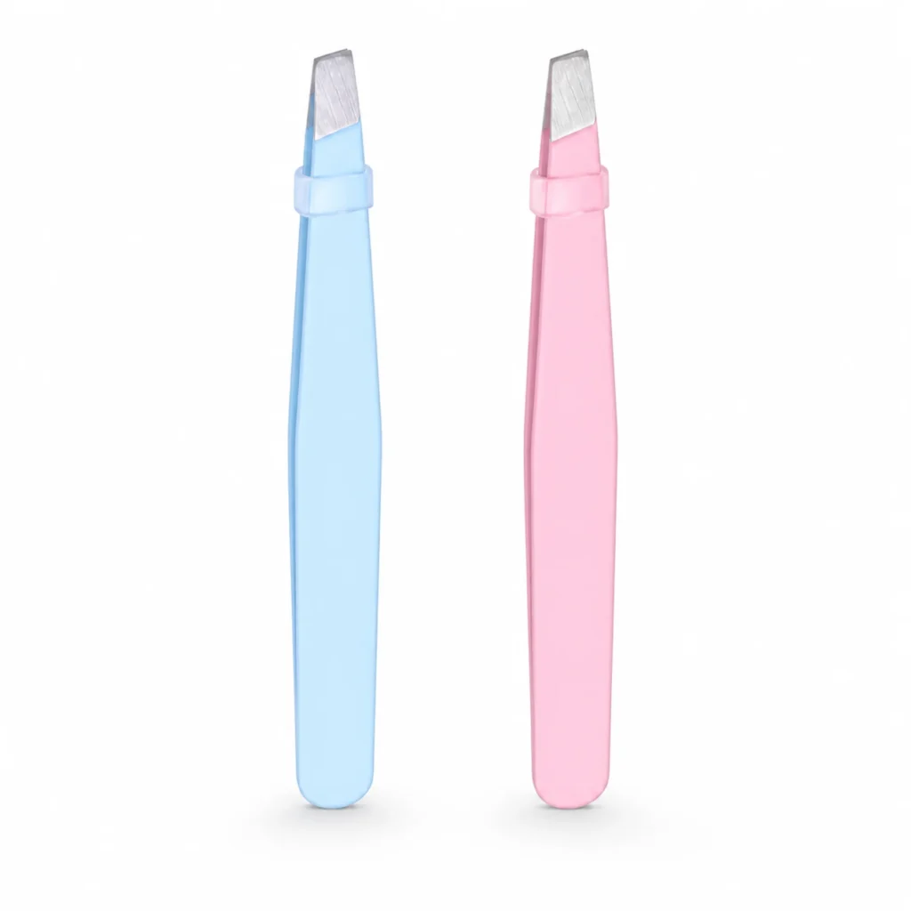 Pinzas para cejas con punta oblicua en colores azul y rosado
