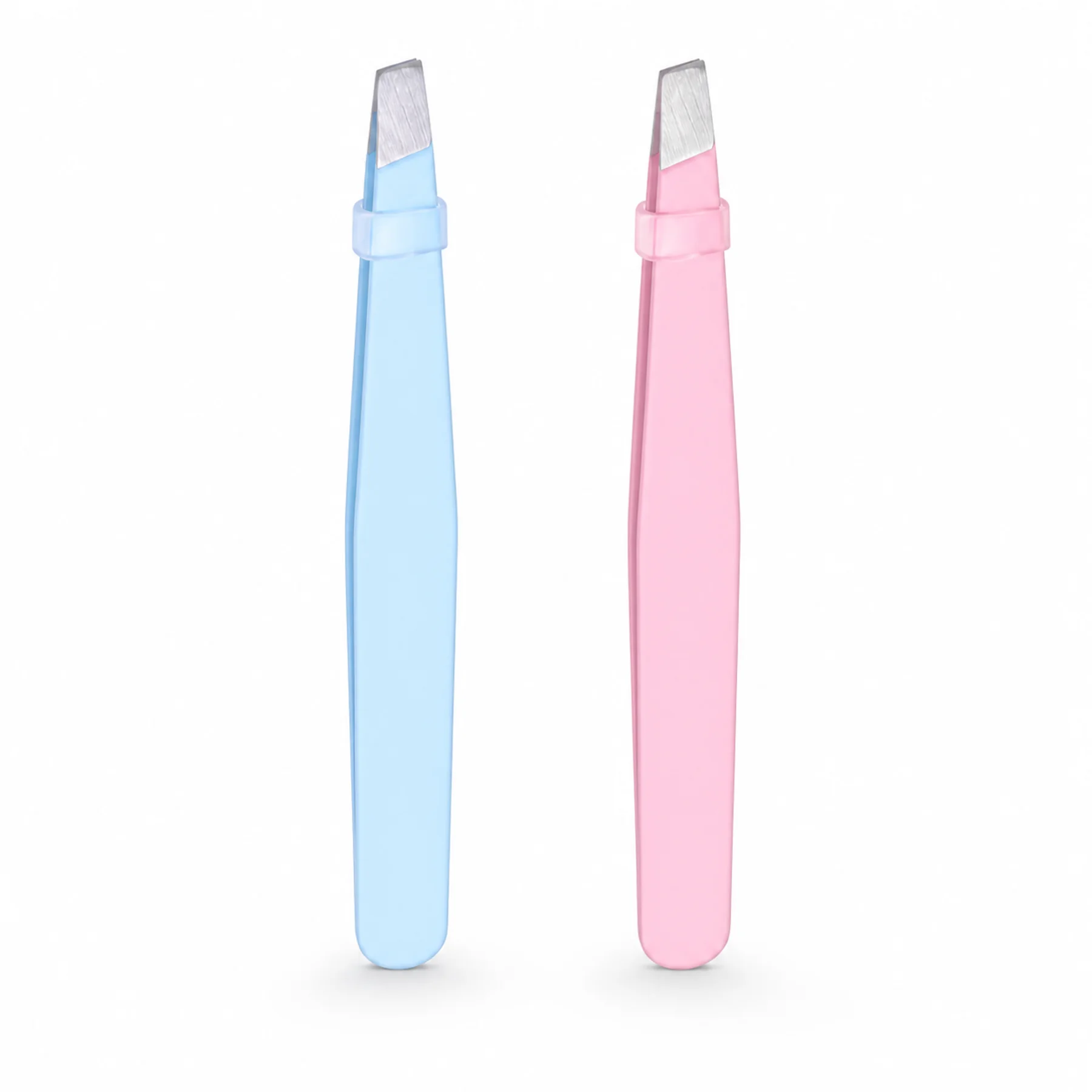 Pinzas para cejas con punta oblicua en colores azul y rosado