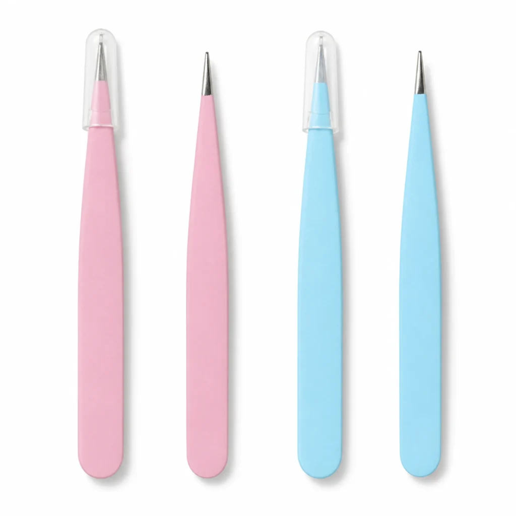 Pinzas de precisión con punta fina y capuchón en colores rosado y azul