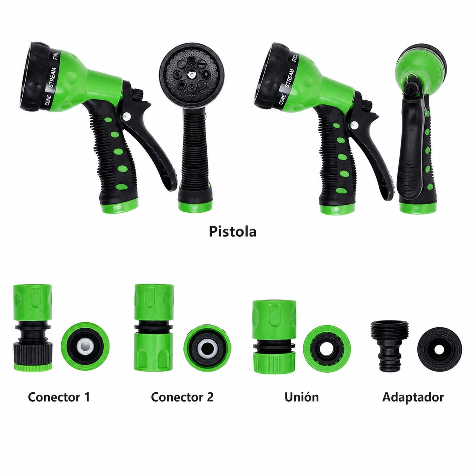 Vistas de la pistola de riego y cuatro accesorios del set SKU 40019