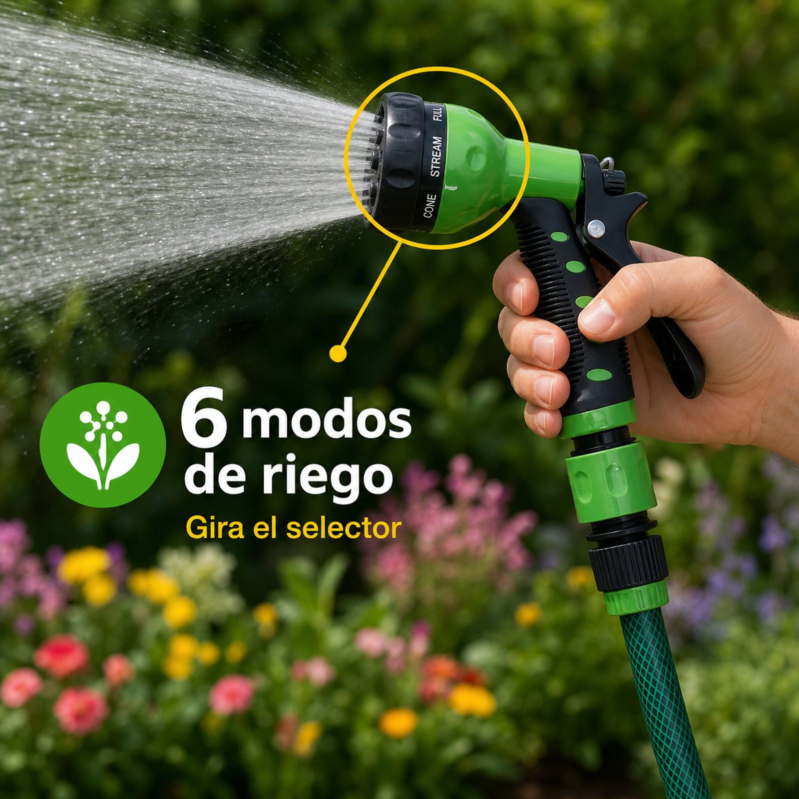Pistola de jardín con selector de seis modos de riego