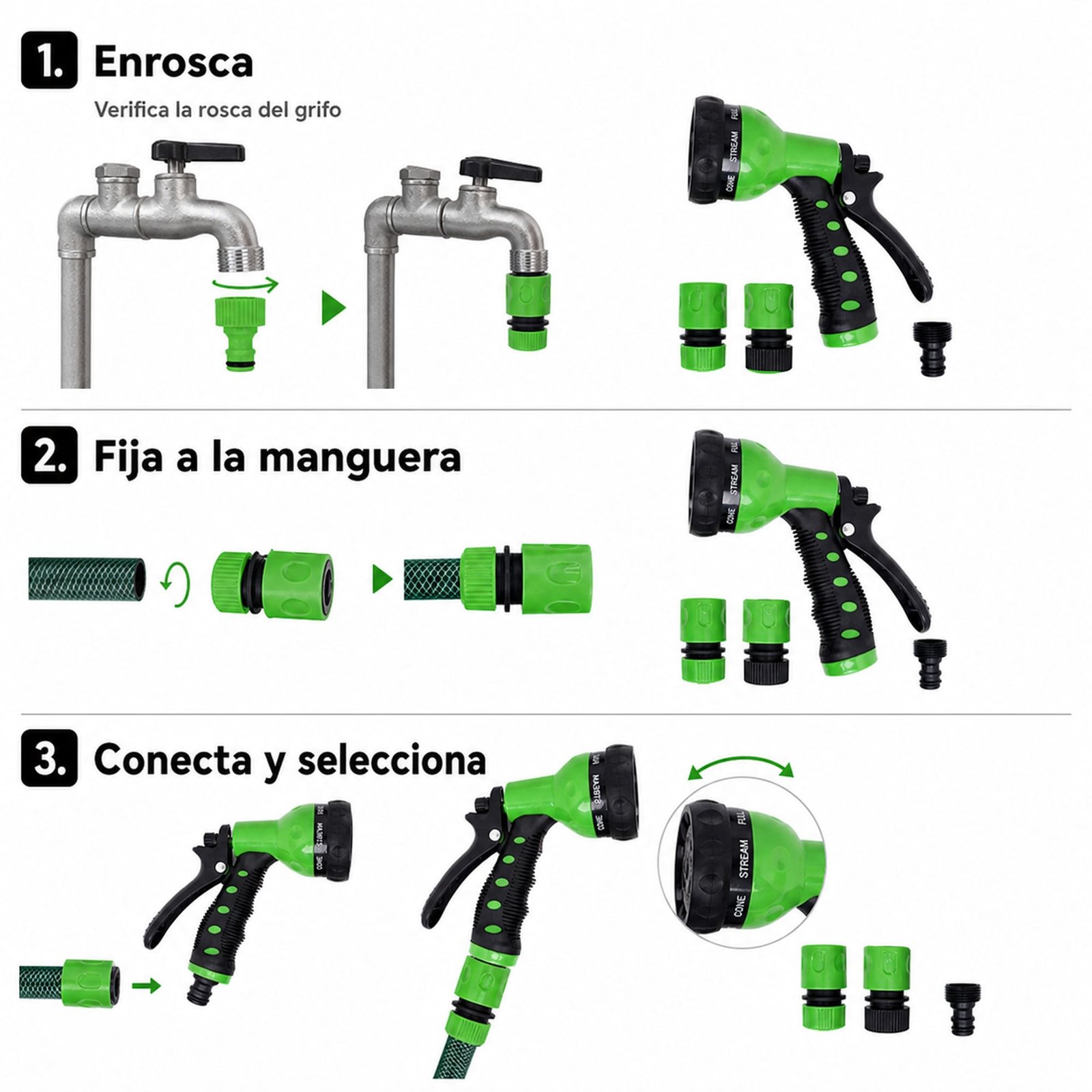 Instalación en tres pasos del set de pistola para manguera