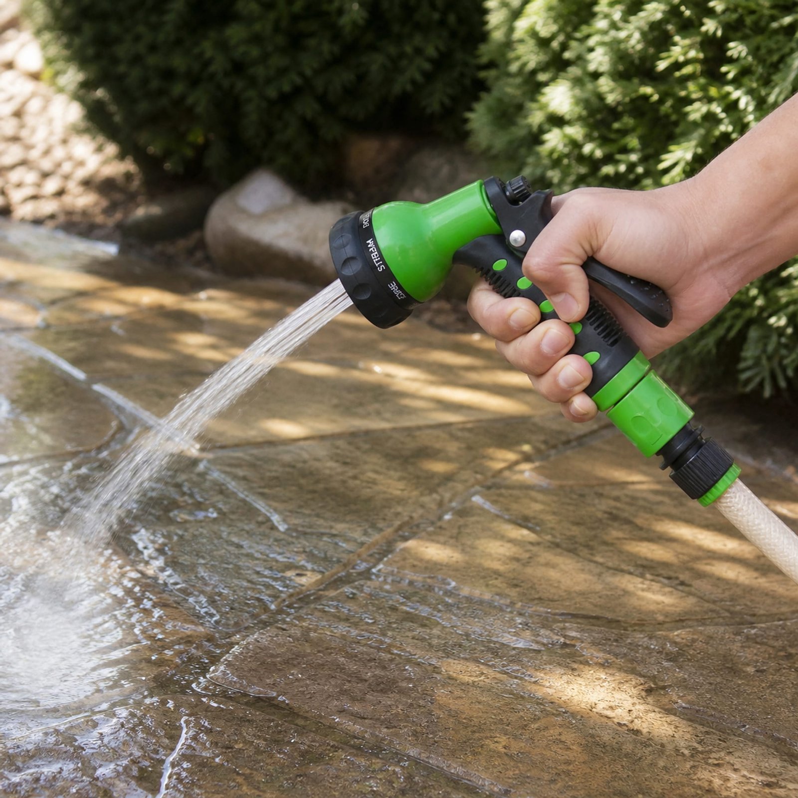 Pistola de jardín utilizada para limpiar un patio