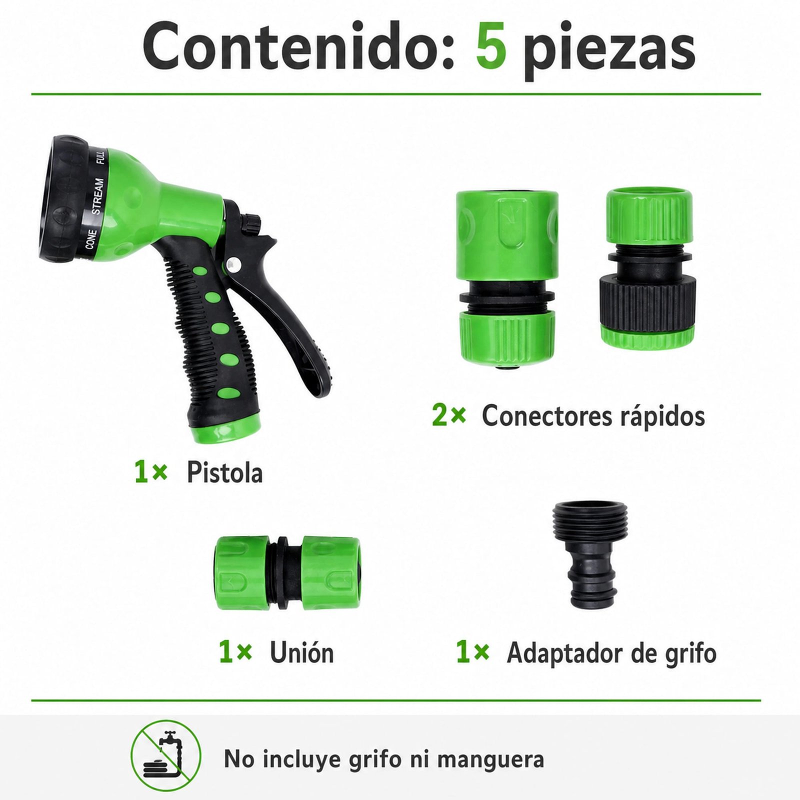 Contenido de cinco piezas del set de riego SKU 40019