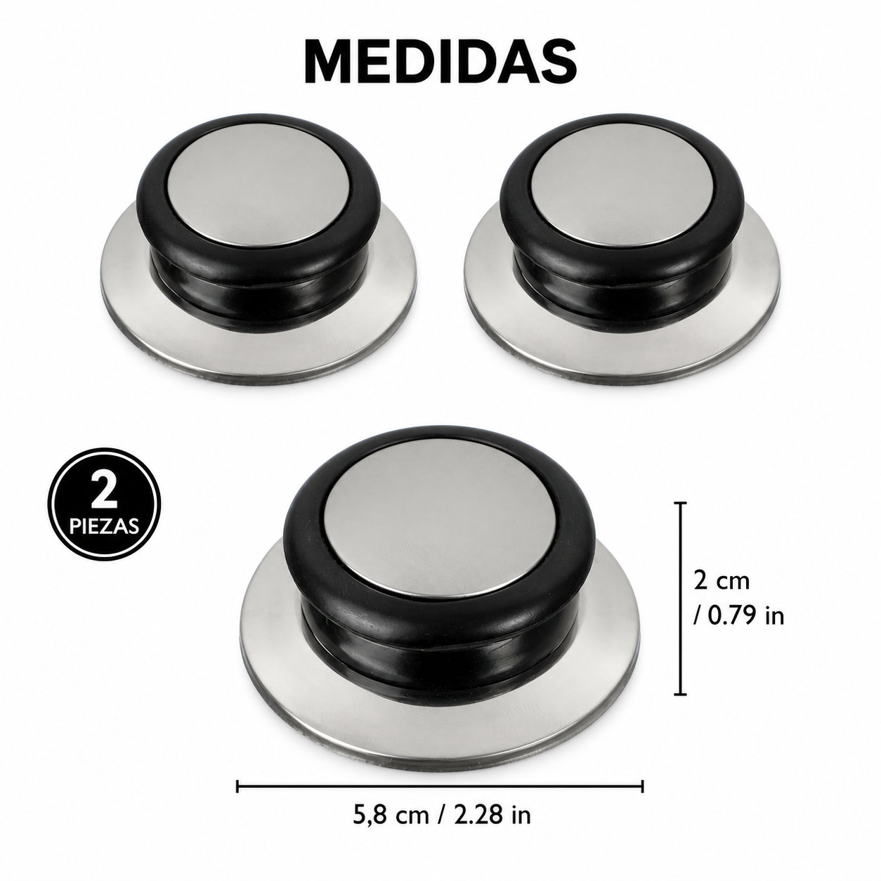Set de 2 pomos de repuesto para tapas de olla, acero inoxidable y negro, 5,8 cm - Imagen 2