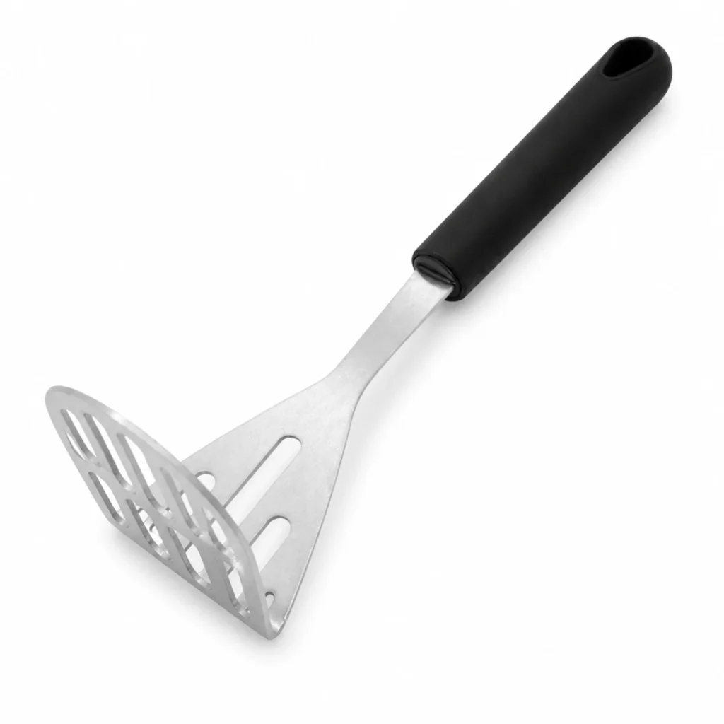 Prensapapas de 25 cm con placa metalica ranurada y mango negro SKU 60781