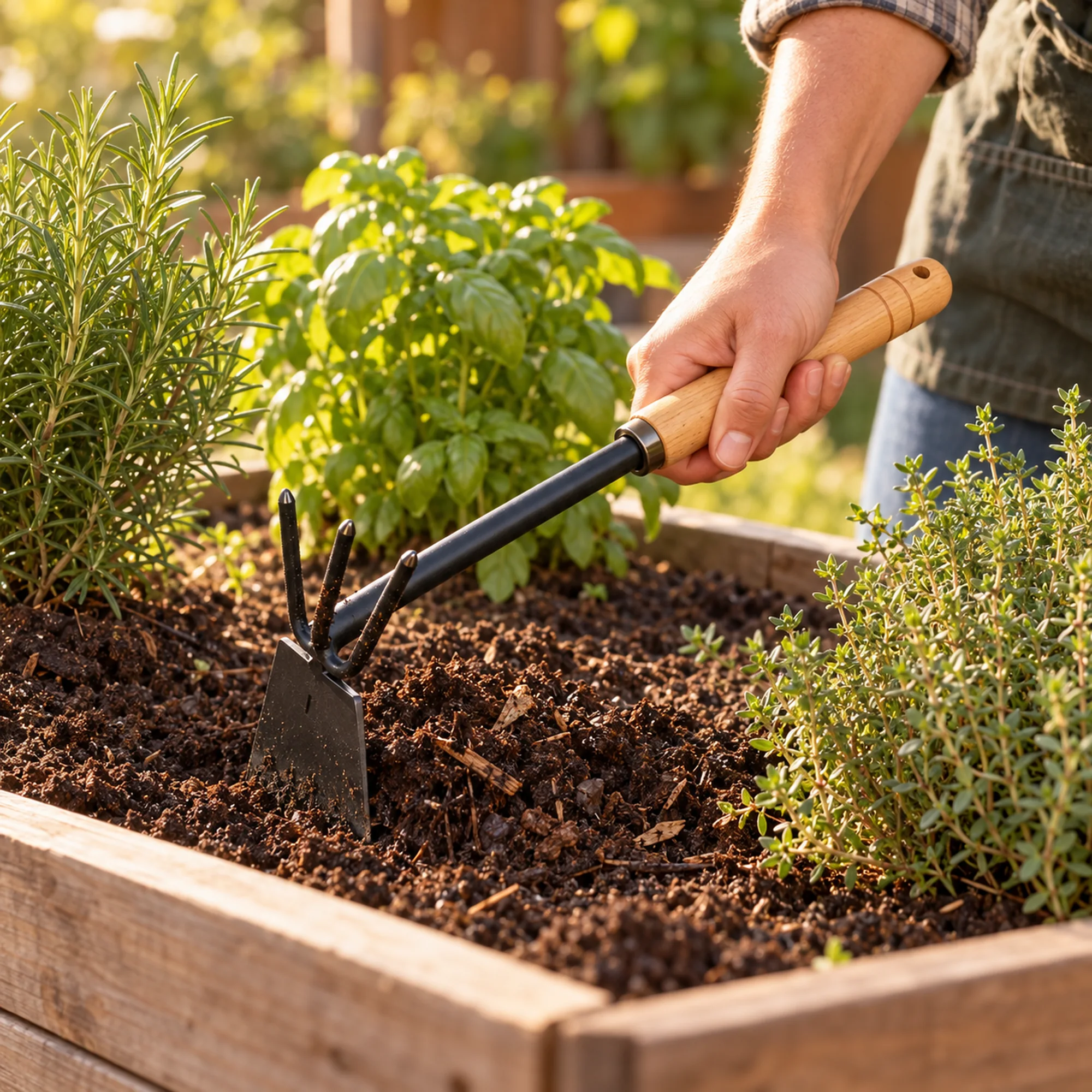 Cultivador de tres púas mezclando compost en un huerto elevado de hierbas.