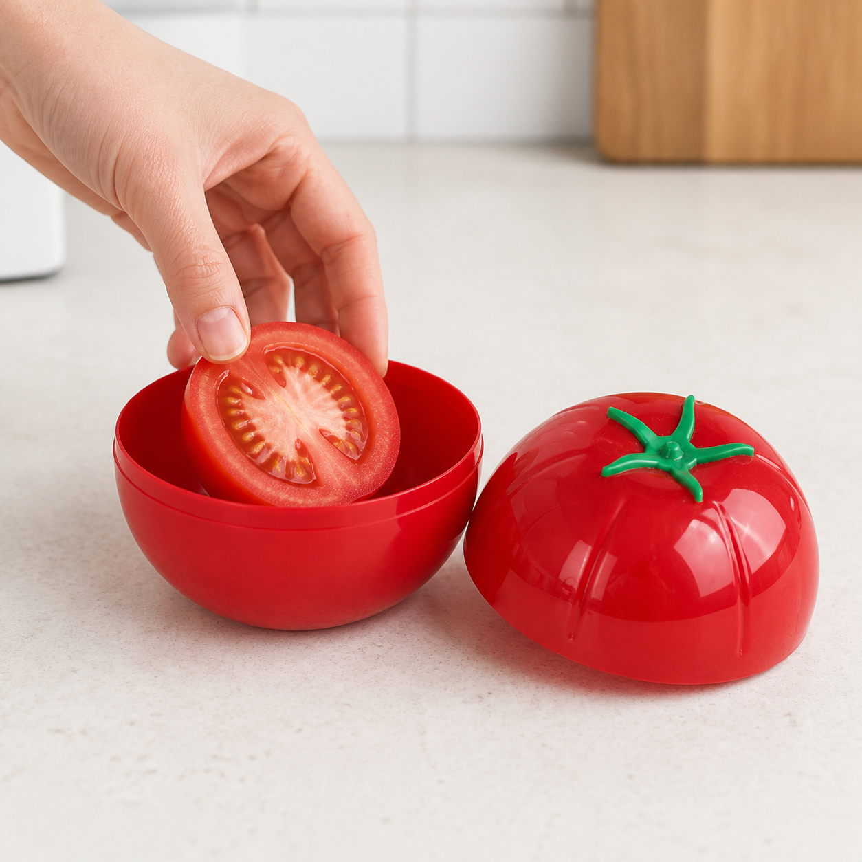Contenedor rojo para conservar tomate, recipiente plástico con tapa, 9,7 x 8,3 cm - Imagen 7