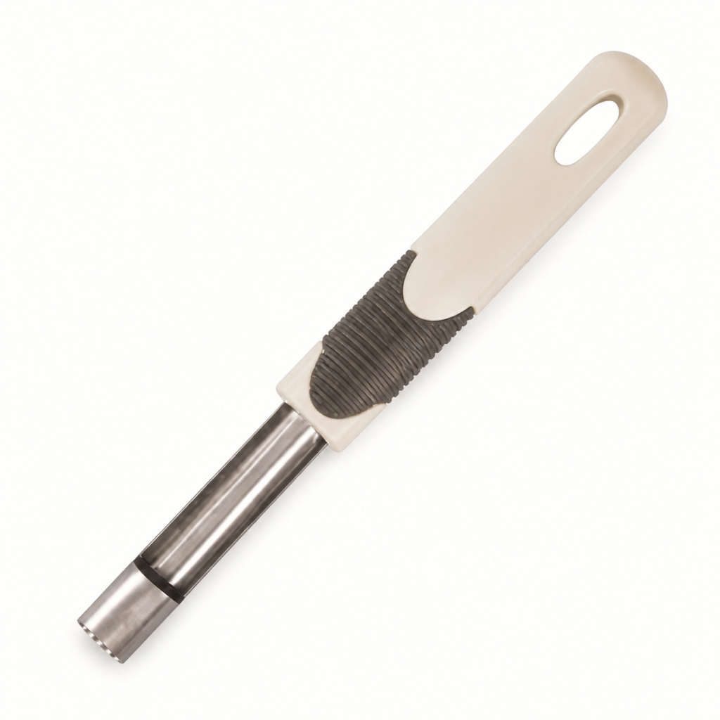 Removedor de semillas para frutas con mango blanco y varilla metálica de 19,5 cm