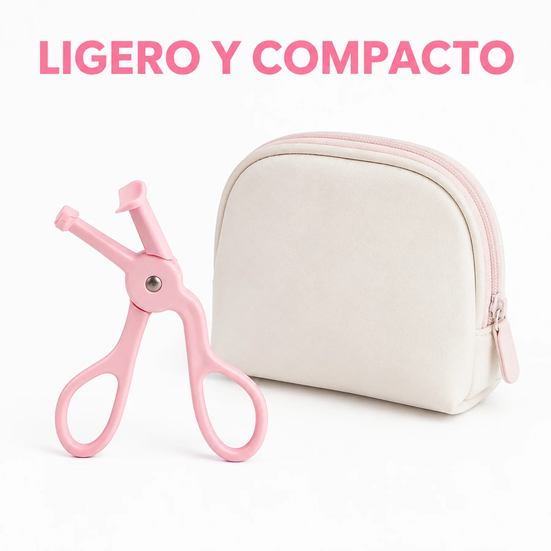 Rizador de pestañas ligero y compacto junto a un cosmetiquero