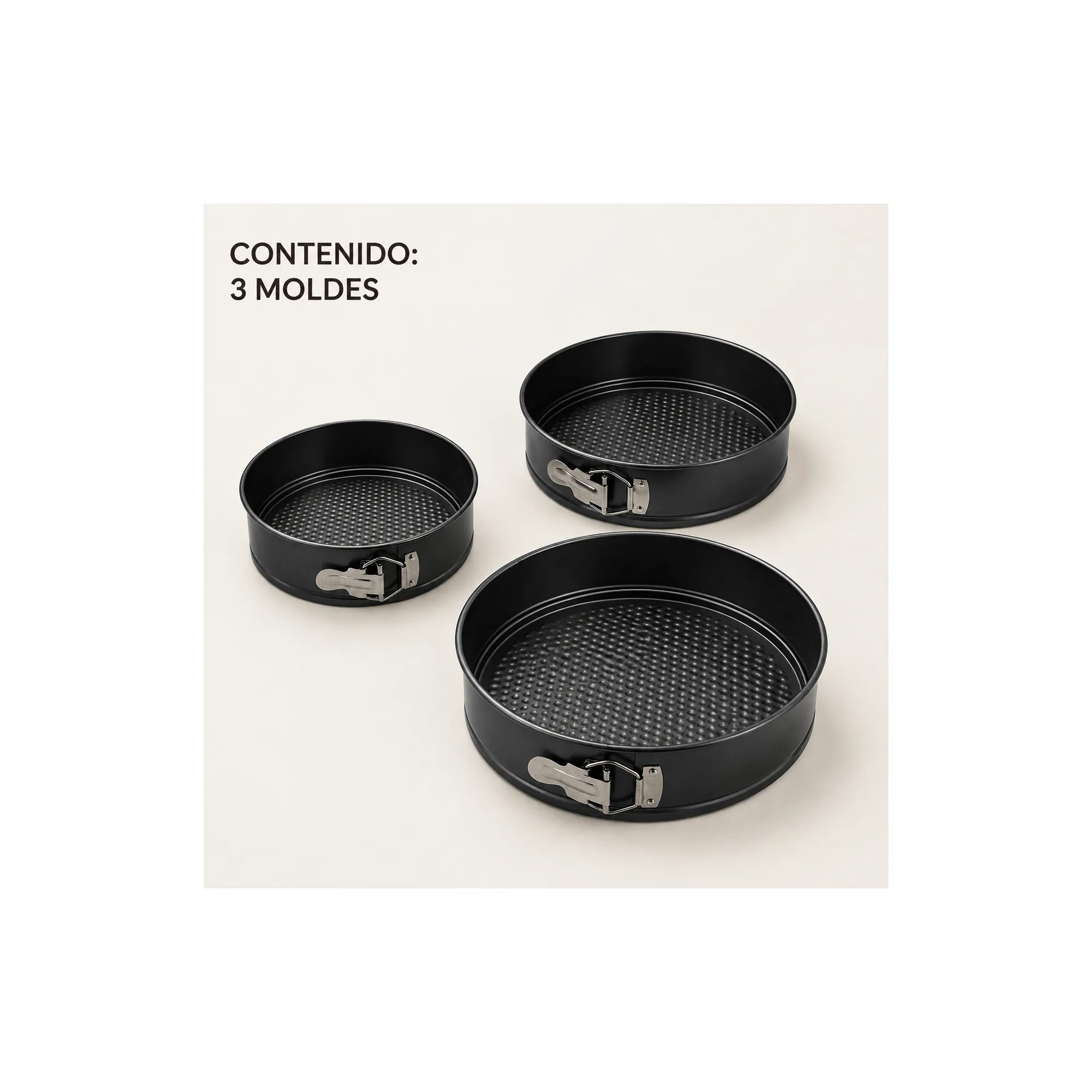 Contenido del paquete con tres moldes redondos desmontables