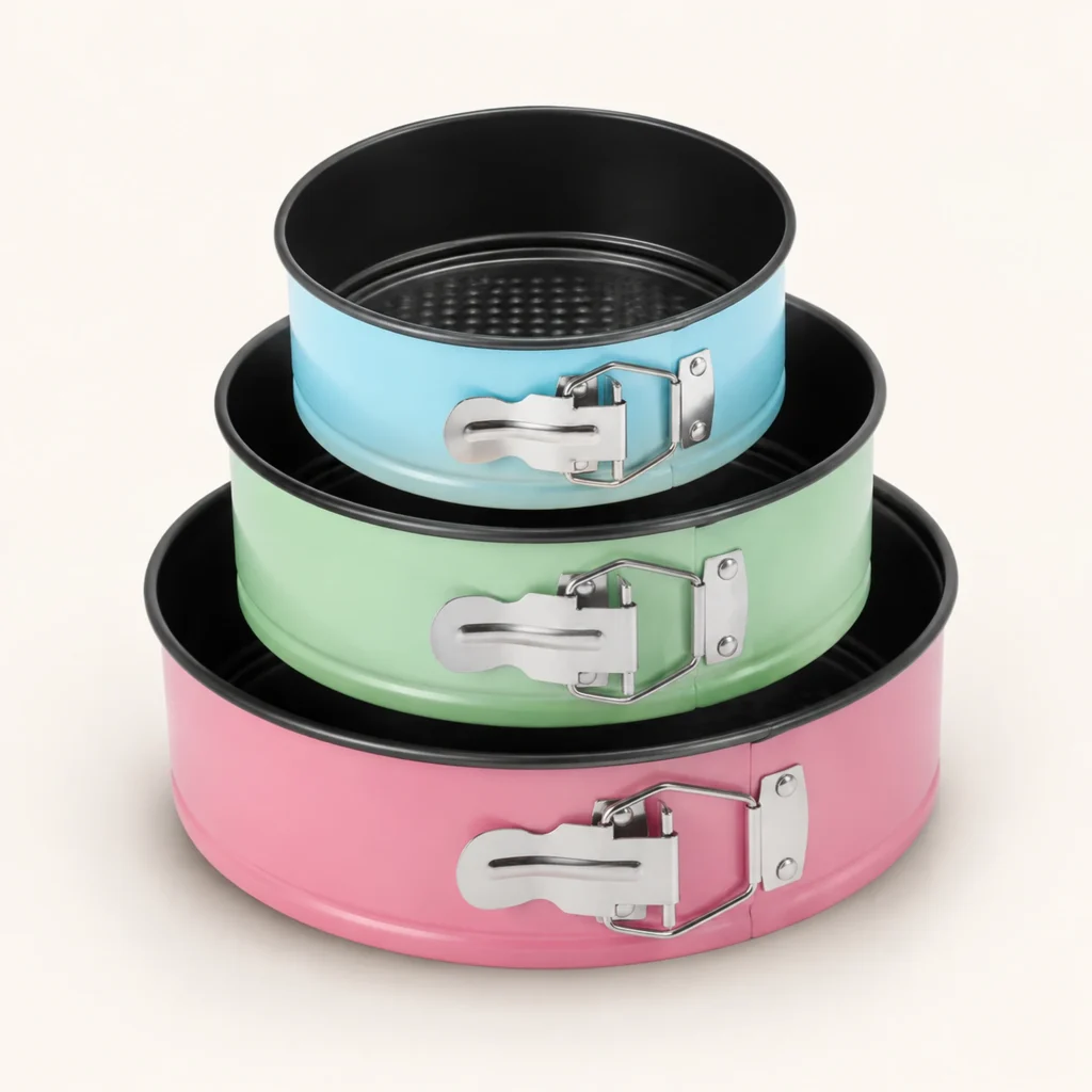 Set de tres moldes redondos desmontables azul verde y rosado