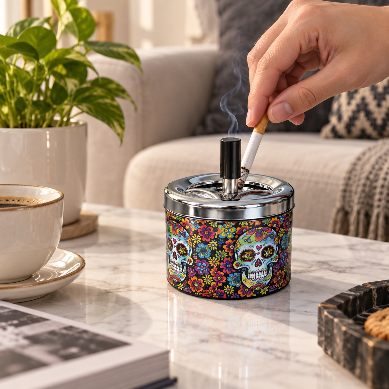 Cenicero cuadrado con tapa giratoria, estampados decorativos para hogar y terraza - Imagen 4
