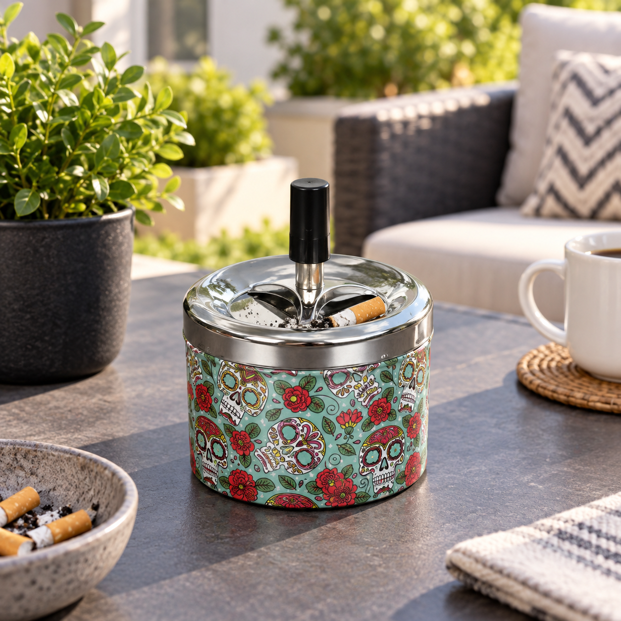 Cenicero cuadrado con tapa giratoria, estampados decorativos para hogar y terraza - Imagen 6