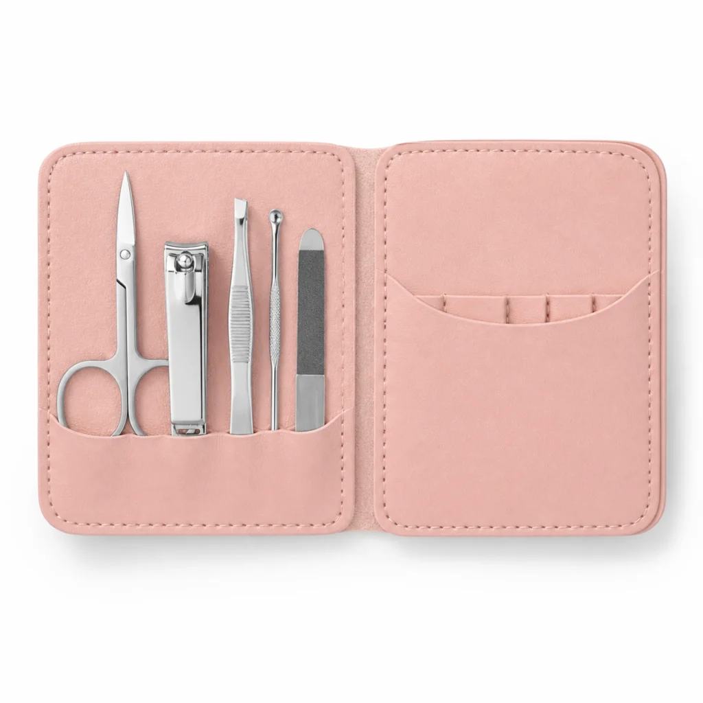 Set de manicura de cinco piezas con estuche rosa abierto