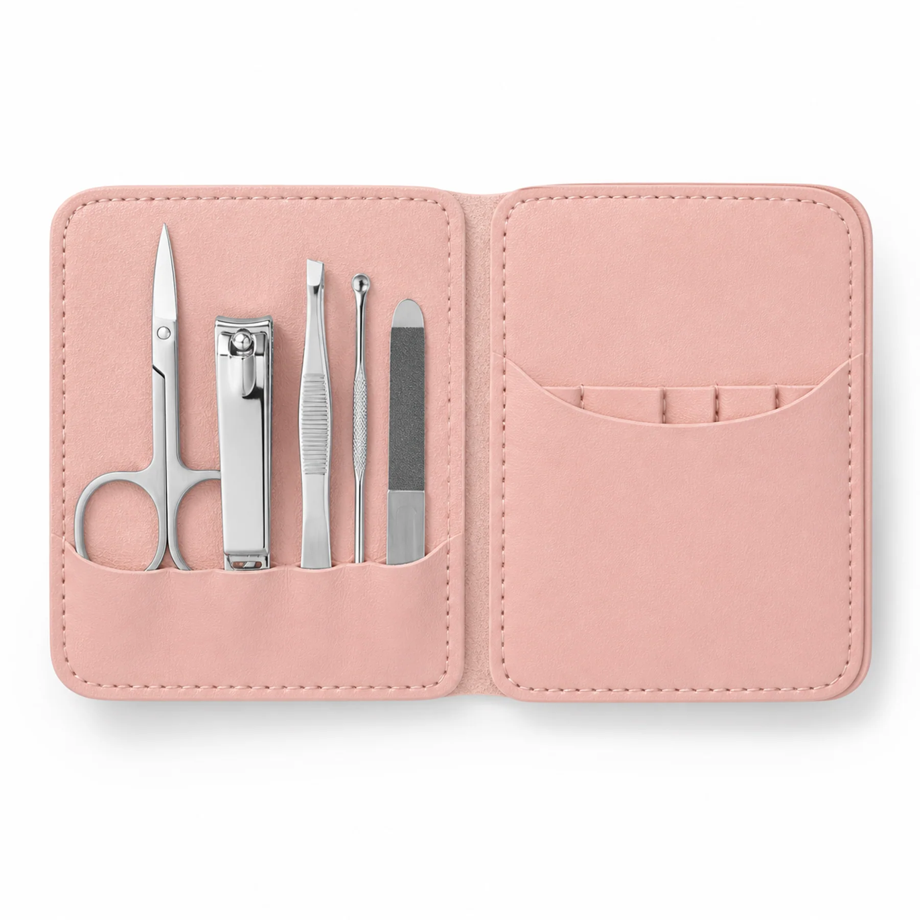 Set de manicura de cinco piezas con estuche rosa abierto