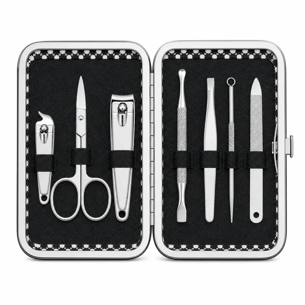 Set de manicura de siete piezas en estuche negro a cuadros
