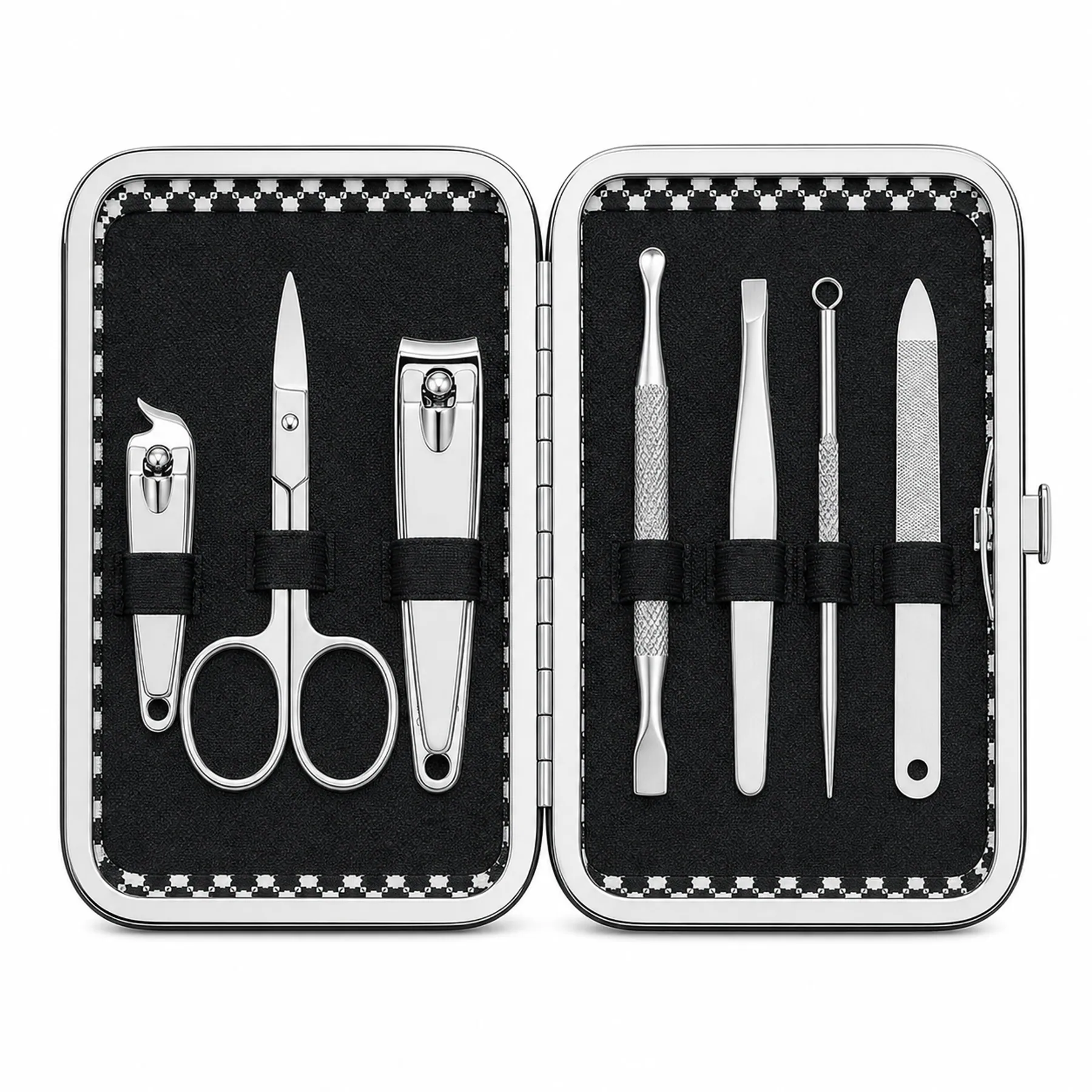Set de manicura de siete piezas en estuche negro a cuadros