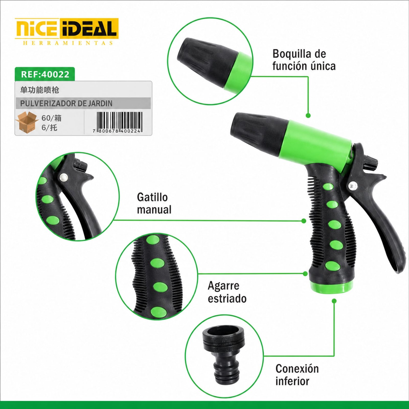 Detalle de boquilla, gatillo, agarre y conexión de la pistola SKU 40022