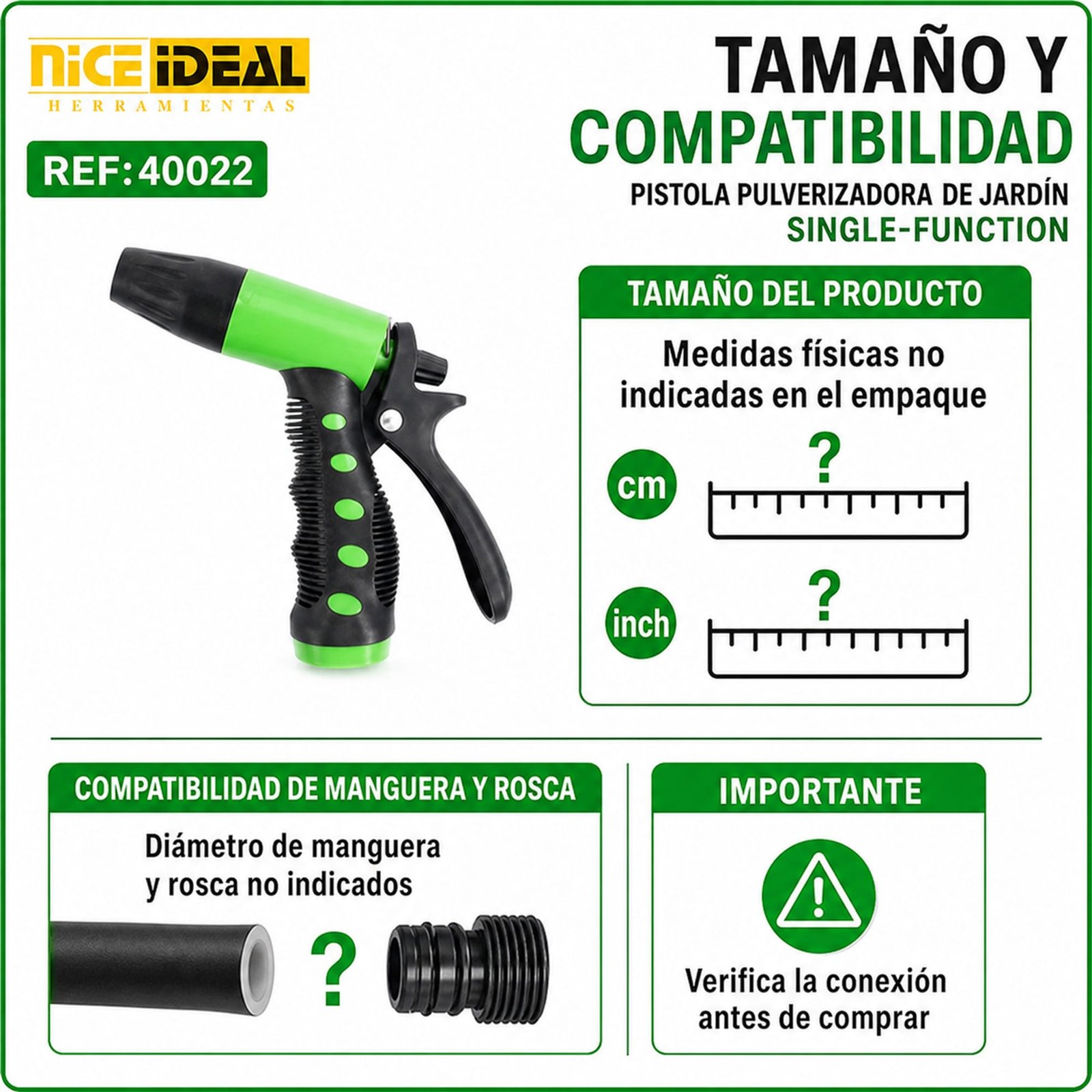 Medidas y compatibilidad no indicadas para la pistola de jardín SKU 40022
