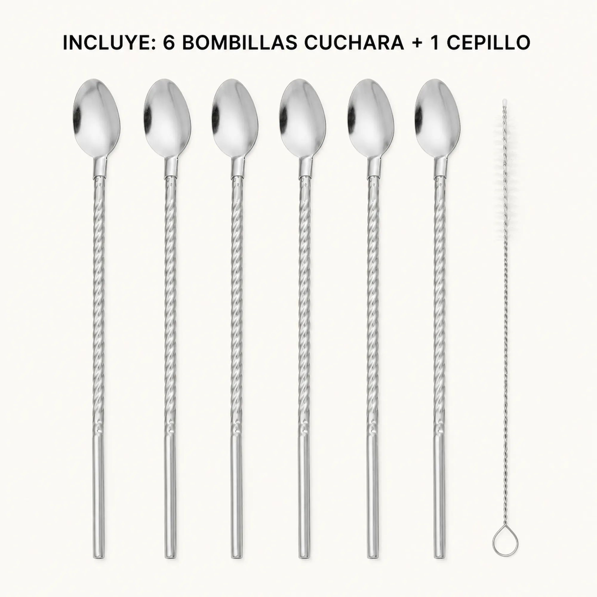 Contenido del paquete con 6 bombillas cuchara y 1 cepillo de limpieza