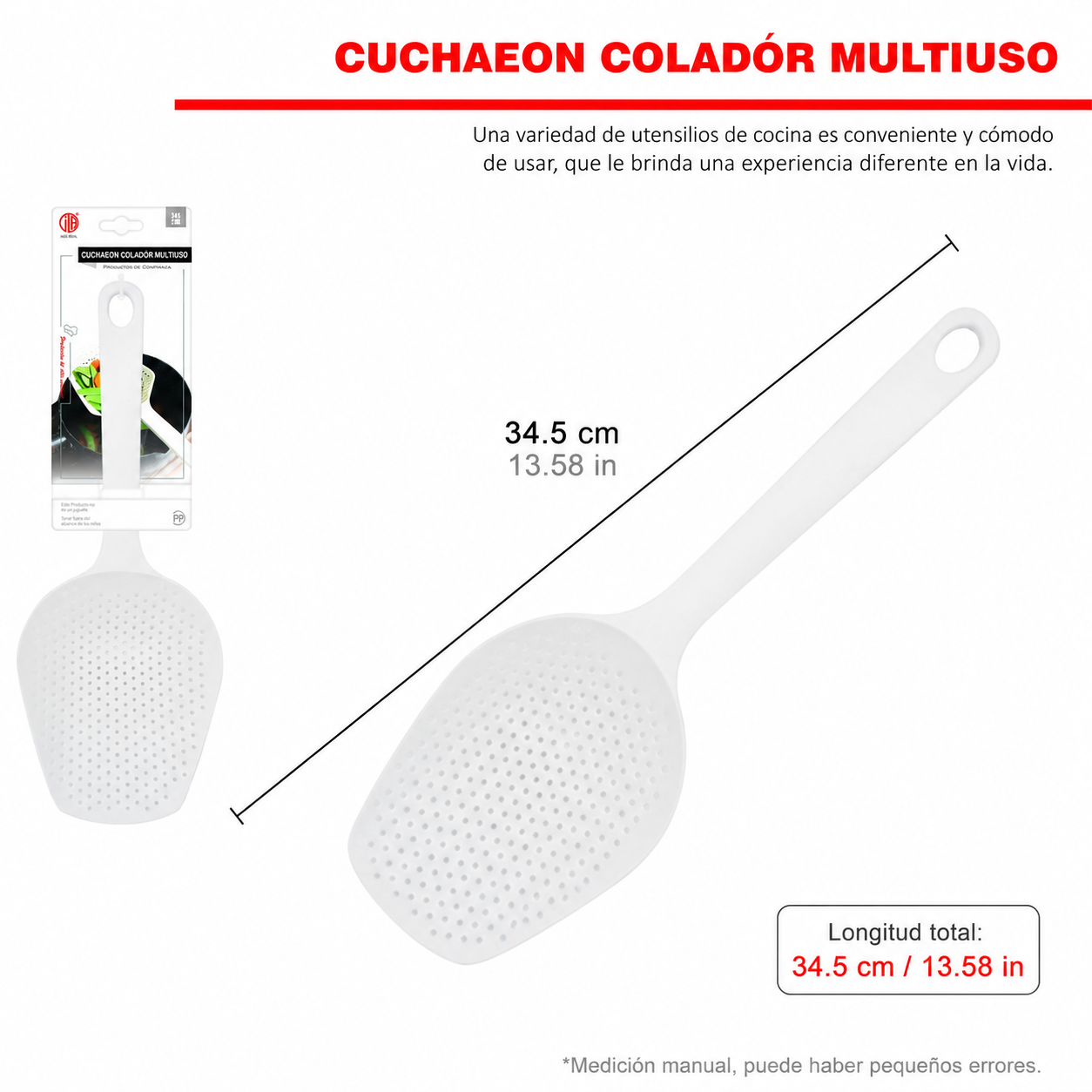 Espumadera de plástico blanca con mango largo, 34,5 cm - Imagen 4