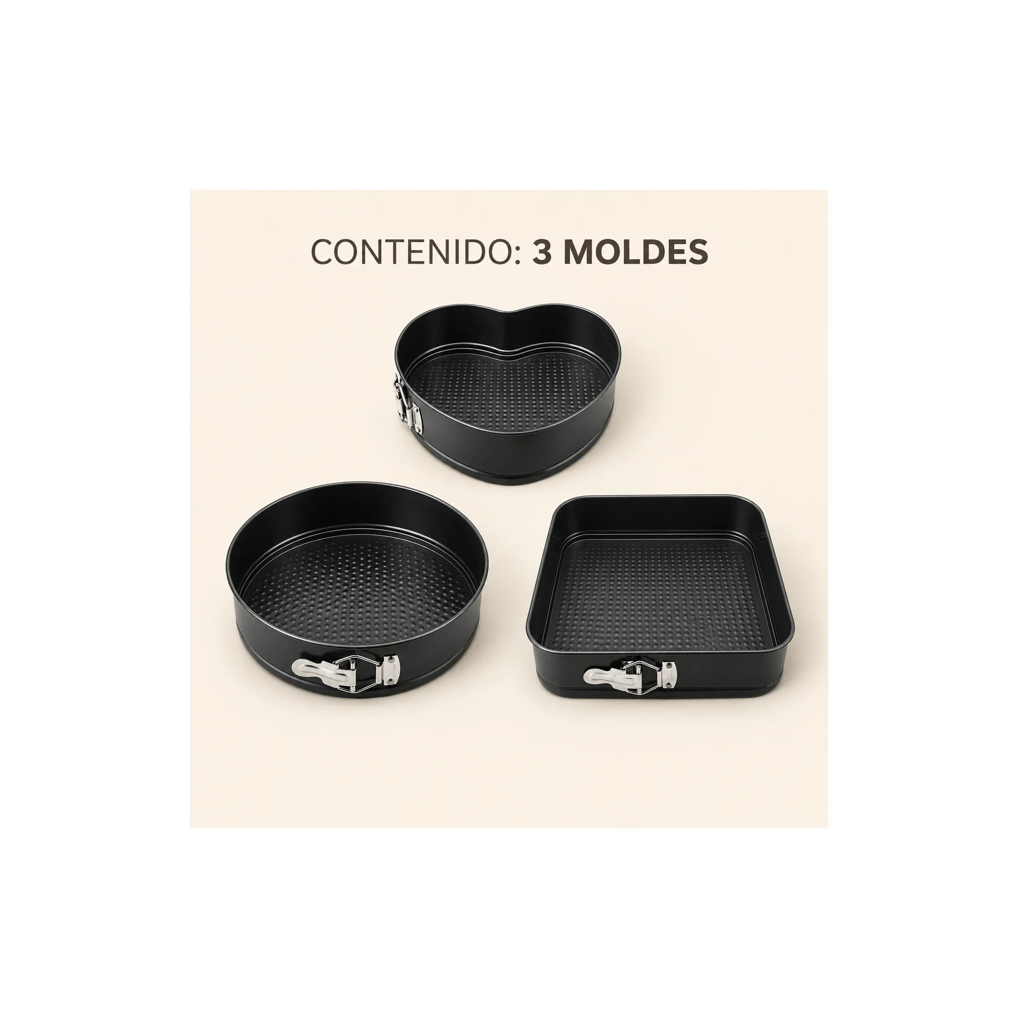 Contenido del paquete con tres moldes para torta
