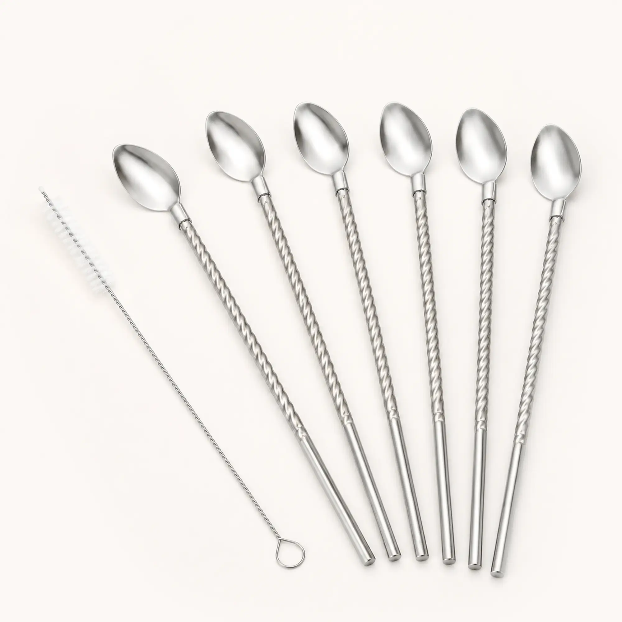 Set de 6 bombillas cuchara de acero inoxidable con cepillo