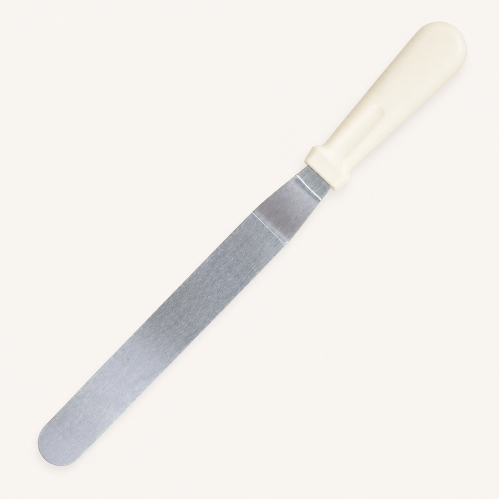 Espátula recta para crepes, hoja metálica y mango blanco, 38 cm