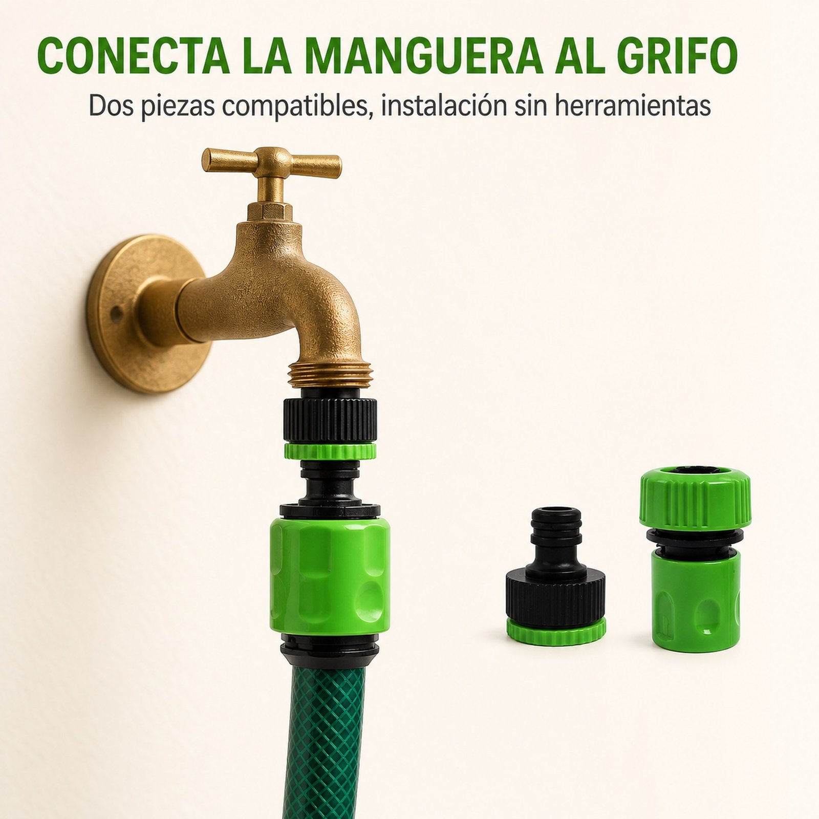 Set de dos piezas conectando una manguera de 3/4 pulgada a un grifo
