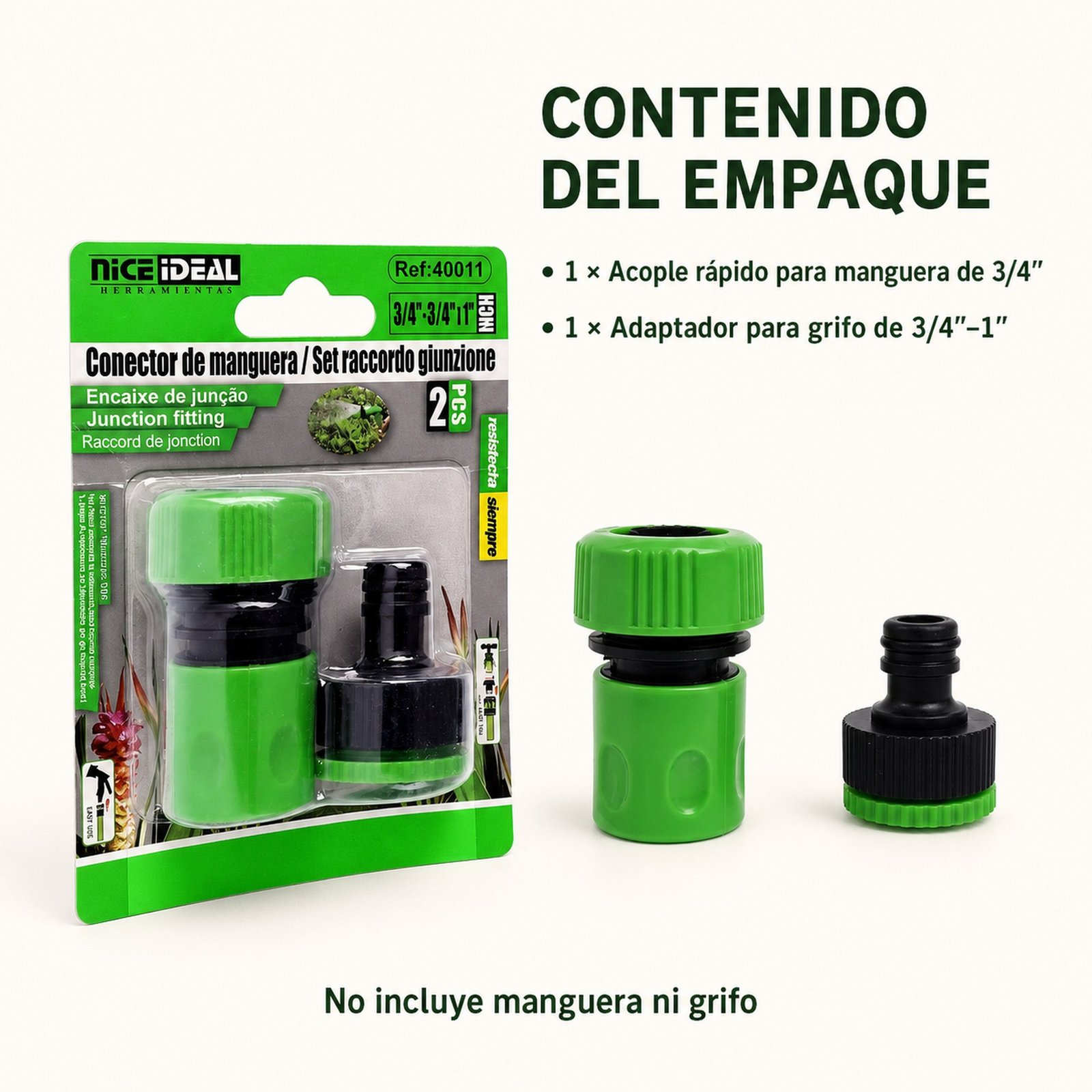 Contenido del empaque: acople de 3/4 pulgada y adaptador para grifo, SKU 40011