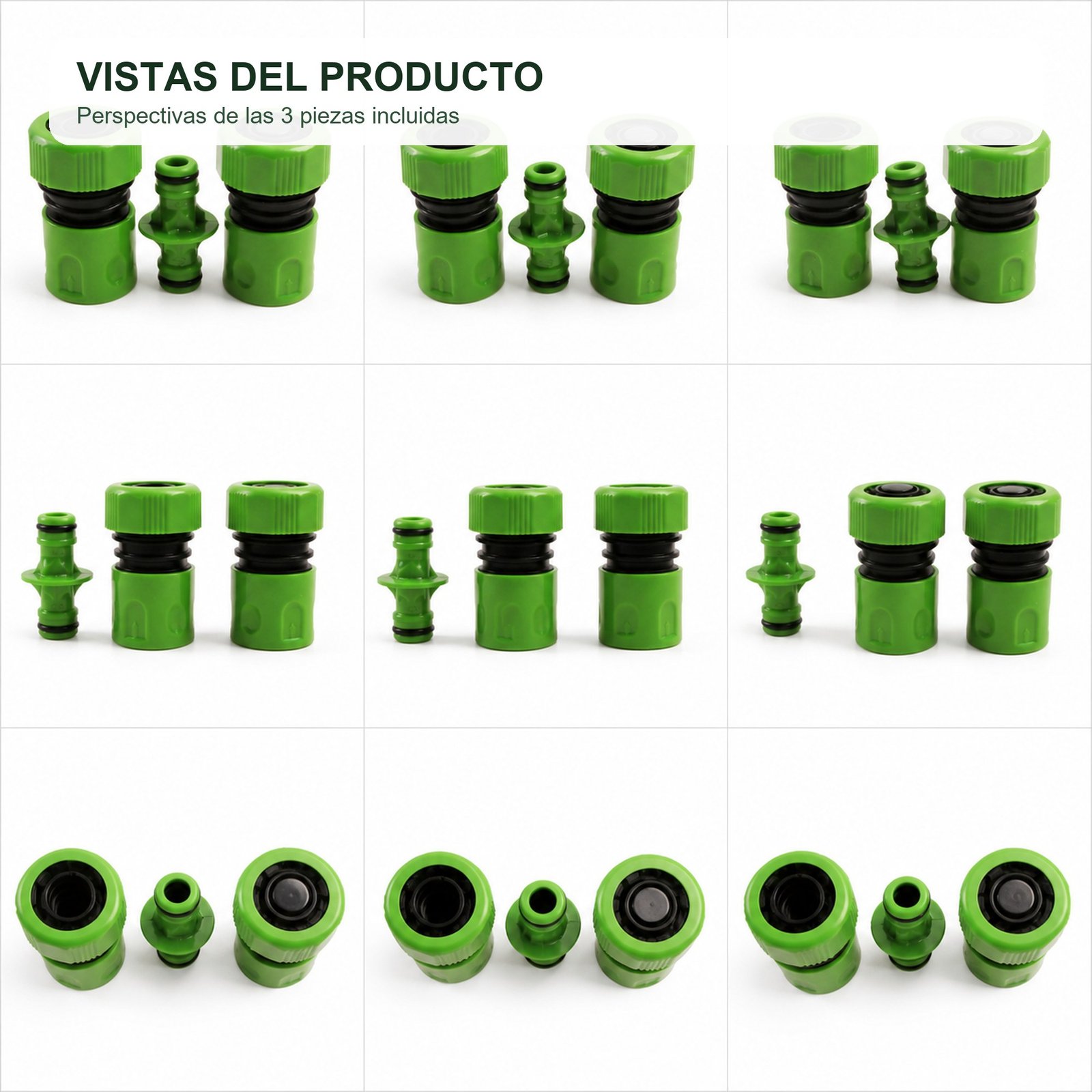 Vistas del set de tres conectores para manguera de 3/4 pulgada