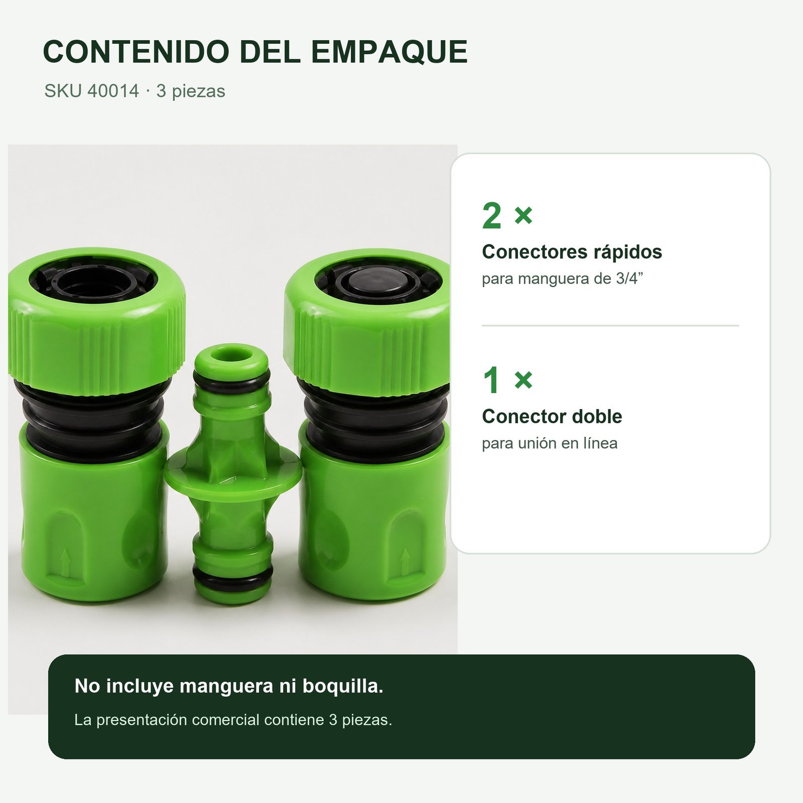 Contenido con dos conectores rápidos y una unión doble, SKU 40014