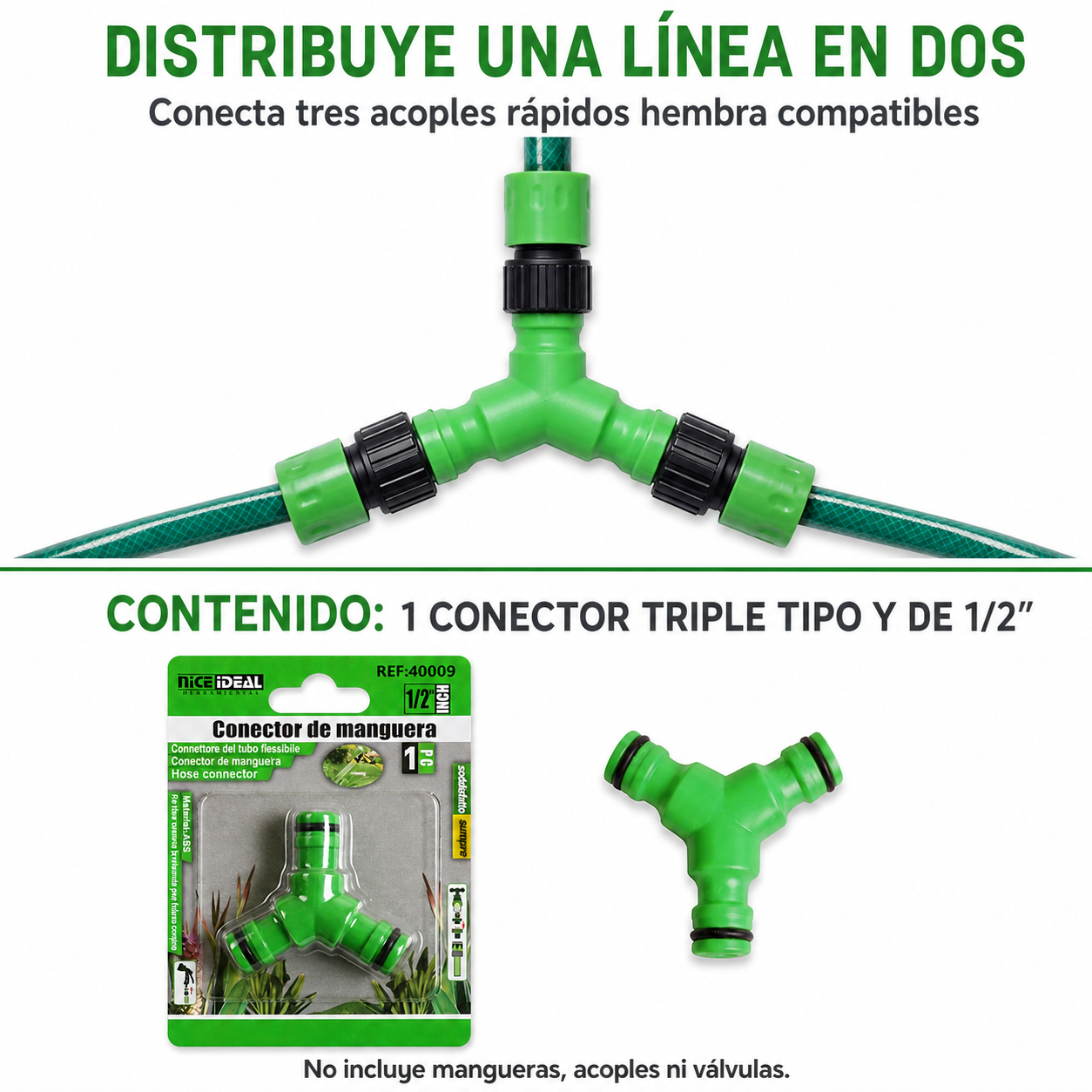 Beneficio de distribución y contenido: un conector triple tipo Y de 1/2 pulgada