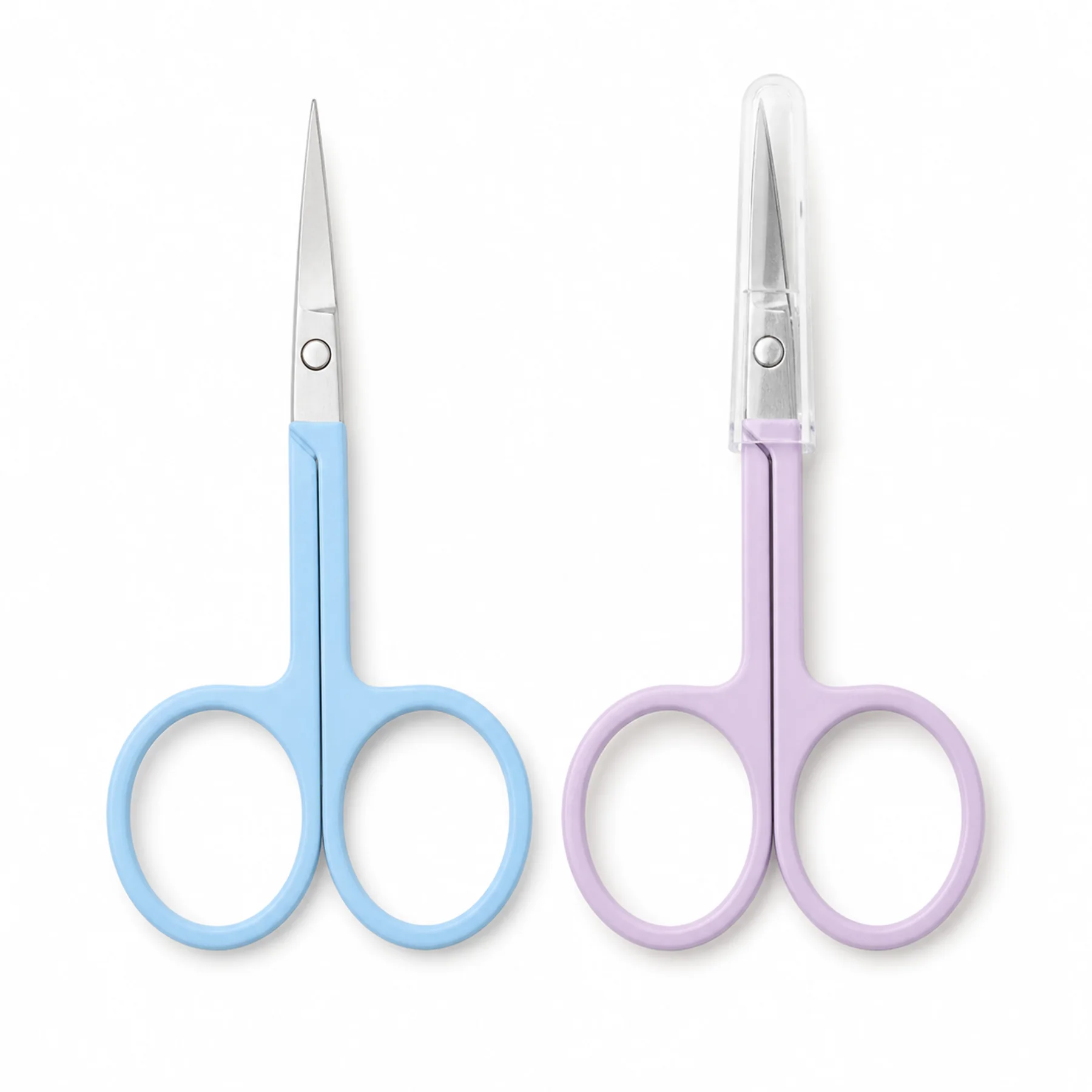 Tijeras de belleza con hoja recta en colores azul y lila con protector