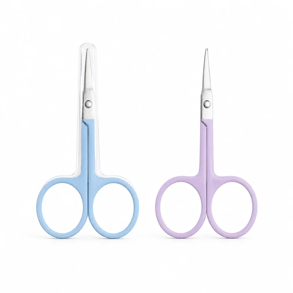 Tijeras de belleza con punta fina microcurva en colores azul y lila