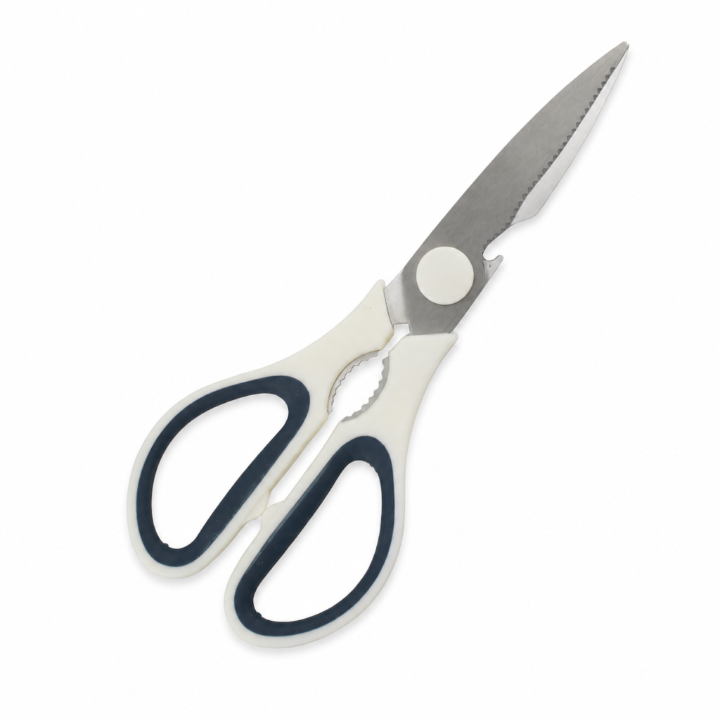 Tijera de cocina multiusos de acero inoxidable, mango blanco y azul, 17 cm