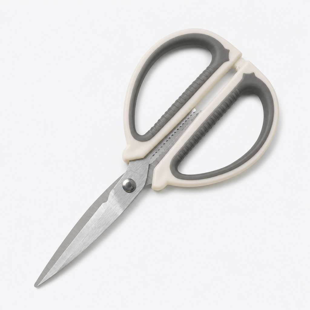 Tijera de cocina pequeña de acero inoxidable, mango blanco y gris, 13,5 cm